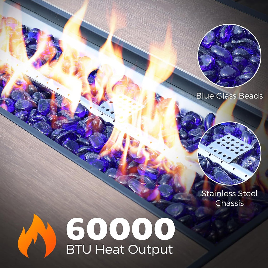 43 Inch Outdoor Fire Table with Ceramic Tile Tabletop Propane Fire Pit Table 60,000 BTU Gas FirePit CSA Certified Wicker Rattan Fire Table with Lid Glass Rock Wheels Waterproof Cover Gloves