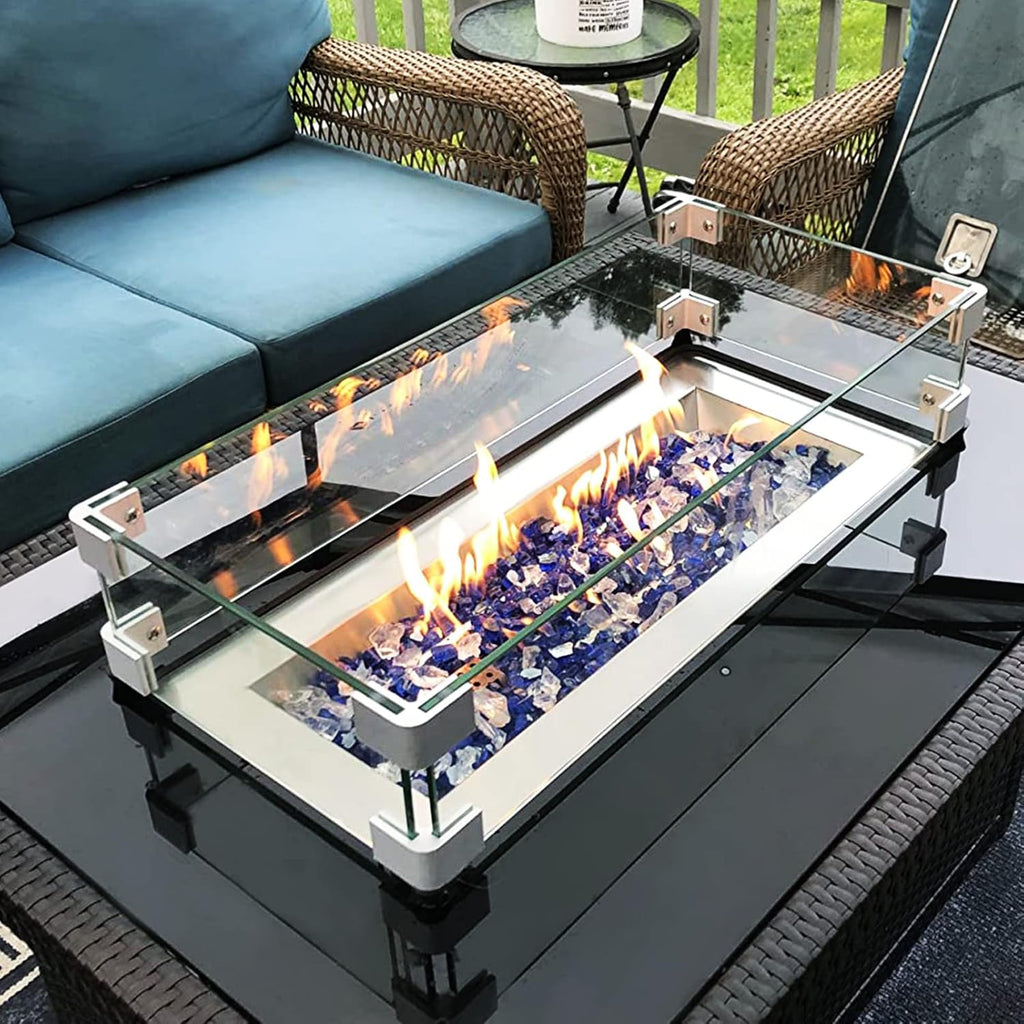 GASPRO 35.5 x 15.5 Inch Glass Wind Guard for Rectangular Fire Pit Table, Thick and Sturdy Tempered Glass Panel with Hard Aluminum Corner Bracket & Rubber Feet, Easy to Assemble