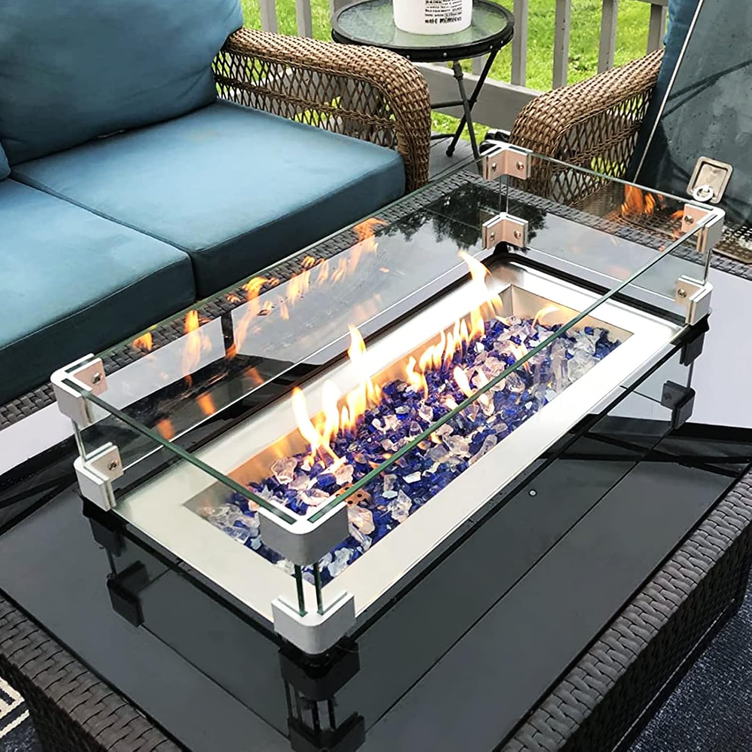 GASPRO 35.5 x 15.5 Inch Glass Wind Guard for Rectangular Fire Pit Table, Thick and Sturdy Tempered Glass Panel with Hard Aluminum Corner Bracket & Rubber Feet, Easy to Assemble