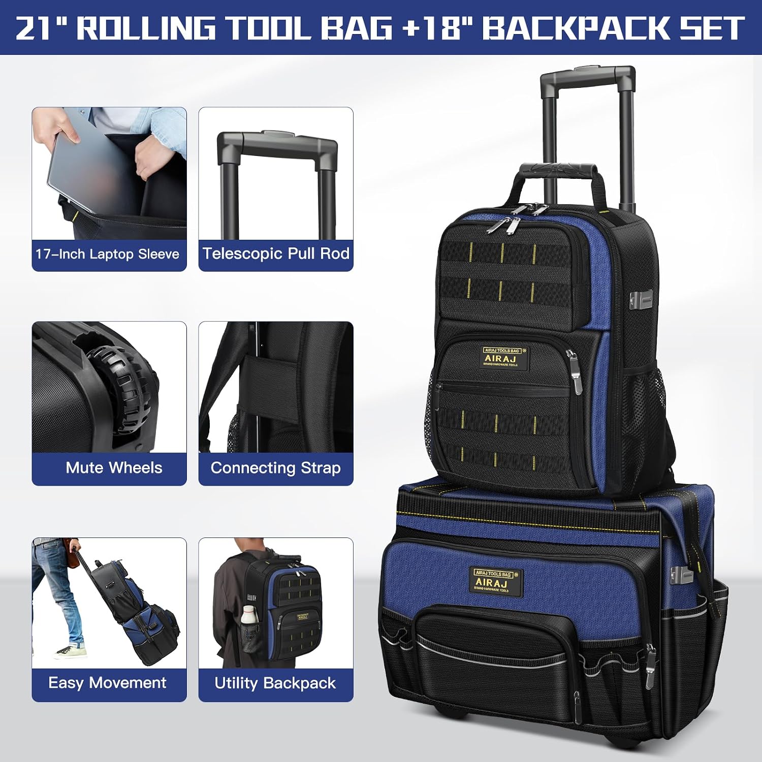 AIRAJ 21' Rolling Tool Bag with Wheels & 18' Tool Backpack Set | Adjustable Telescoping Handle | Waterproof Tool Bag | Tool Backpack Heavy Duty | 1680D Oxford Cloth | USB Charging Port | 55 Pockets