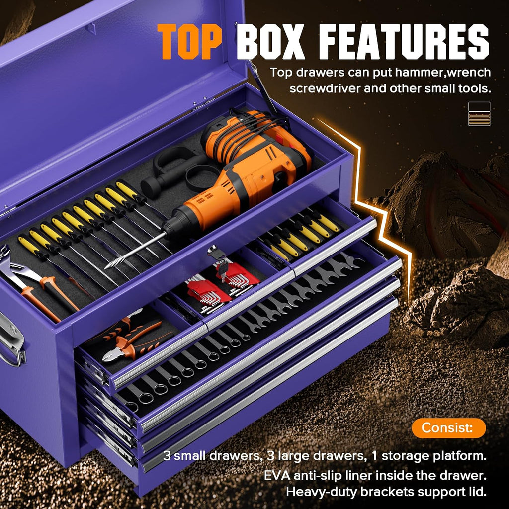 8-Drawer Rolling Tool Chest - Heavy-Duty Steel Tool Cabinet with Detachable Top Box, Locking Wheels & Security System for Garage/Workshop, 2-in-1 Design (Purple)