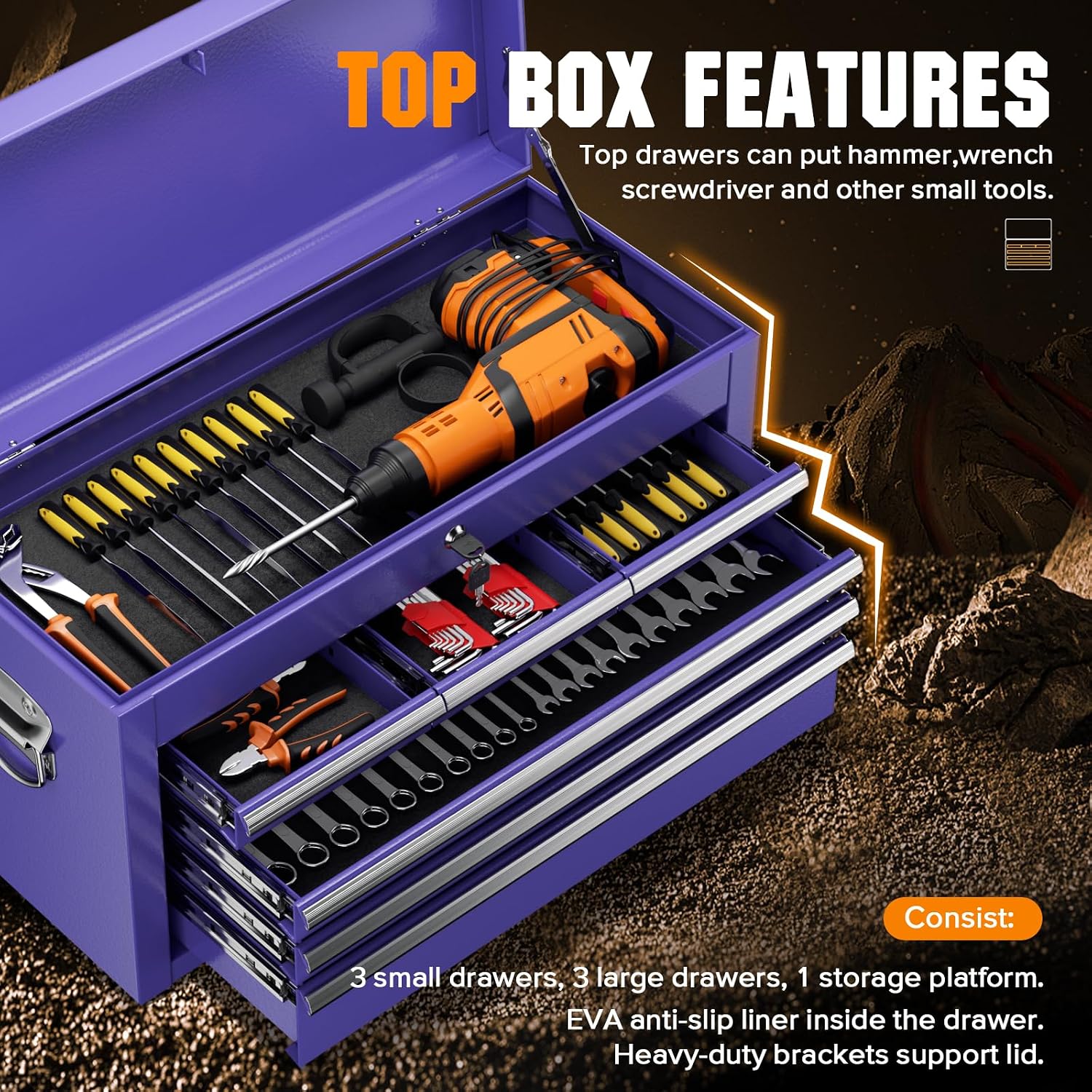 8-Drawer Rolling Tool Chest - Heavy-Duty Steel Tool Cabinet with Detachable Top Box, Locking Wheels & Security System for Garage/Workshop, 2-in-1 Design (Purple)