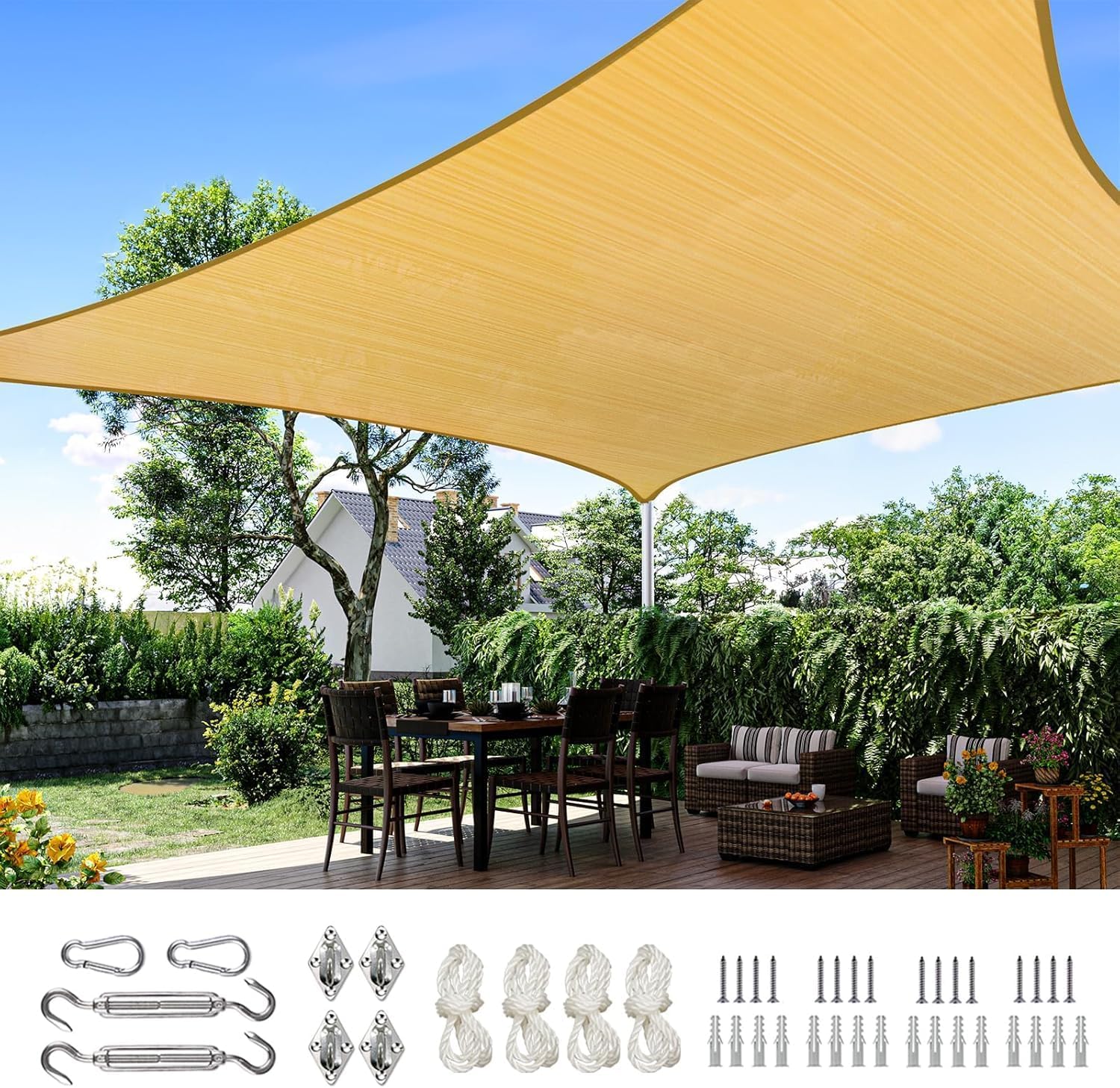 Quictent 20x20ft Fire Retardant 185G HDPE Sun Shade Sail with Hardware Kits Canopy 98% UV Block Outdoor Patio Garden (Sand)