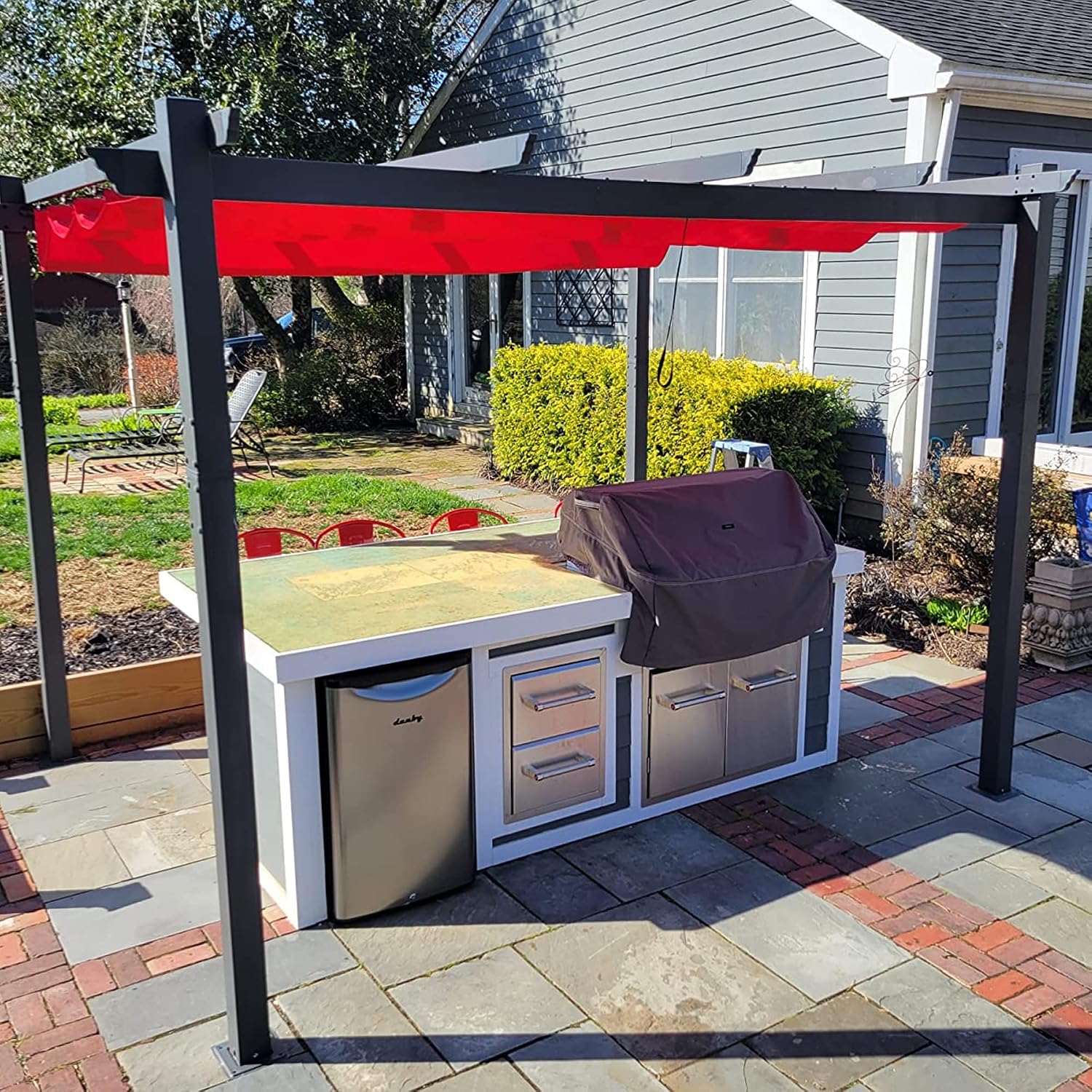 PURPLE LEAF 10' X 12' Outdoor Retractable Pergola with Sun Shade Canopy Patio Metal Shelter for Garden Porch Beach Pavilion Grill Gazebo Modern Yard Grape Trellis Pergola, Terra