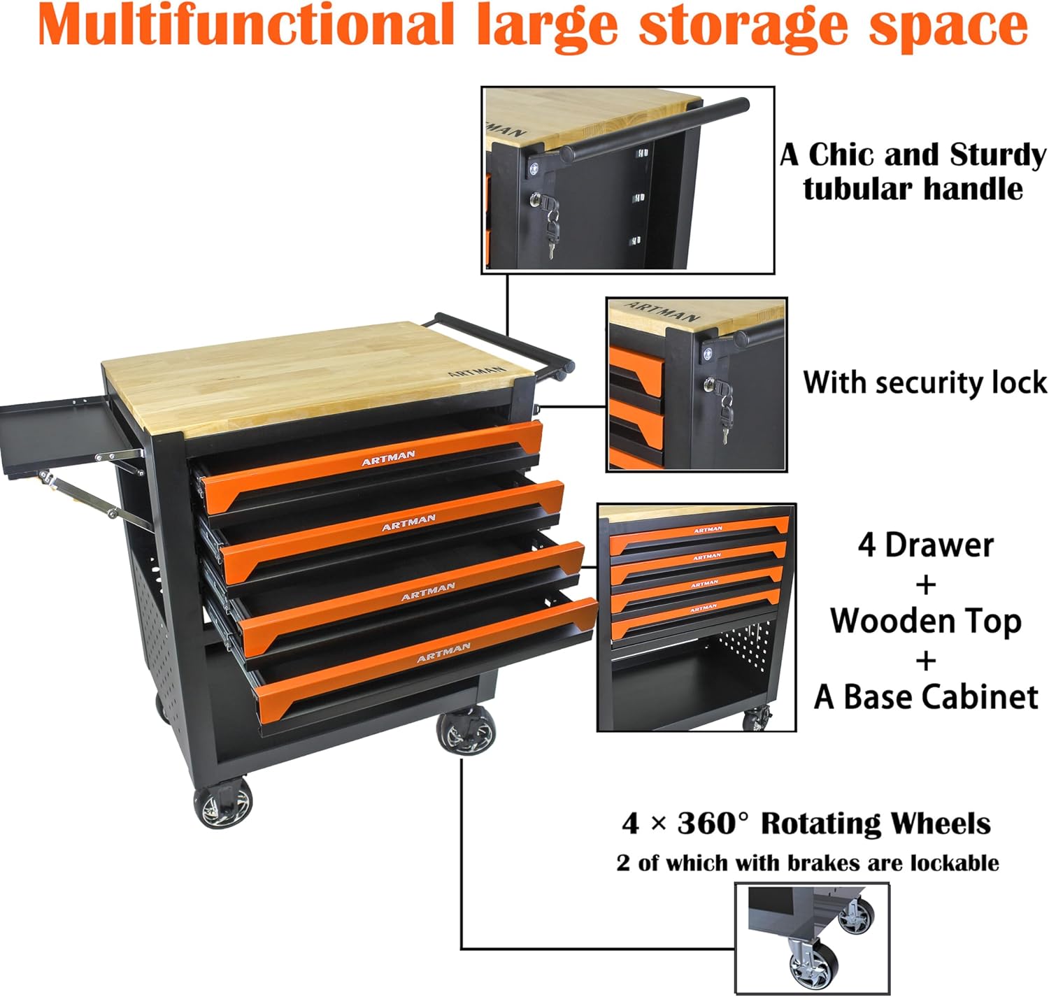 4 Drawers Tool Chest on Wheels,Tool Storage Cart with Wooden Top,Drawers Rolling Tool Box Organizer Tool Case with Lock for Garage,Warehouse,Workshop,Repair Shop (4 Drawers-35.4'H-Black&Orange)
