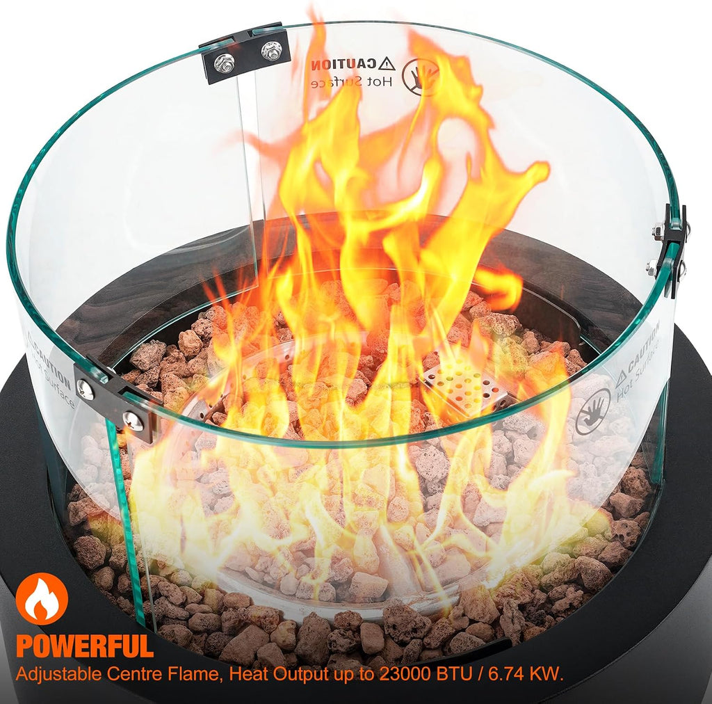Portable Propane Gas Fire Pit Bottom-Mounted for Table with Umbrella Hole, Tabletop Smokeless Firepit with Wind Guard for Patio Camping RV Tailgating, 23000BTU, Round FP039