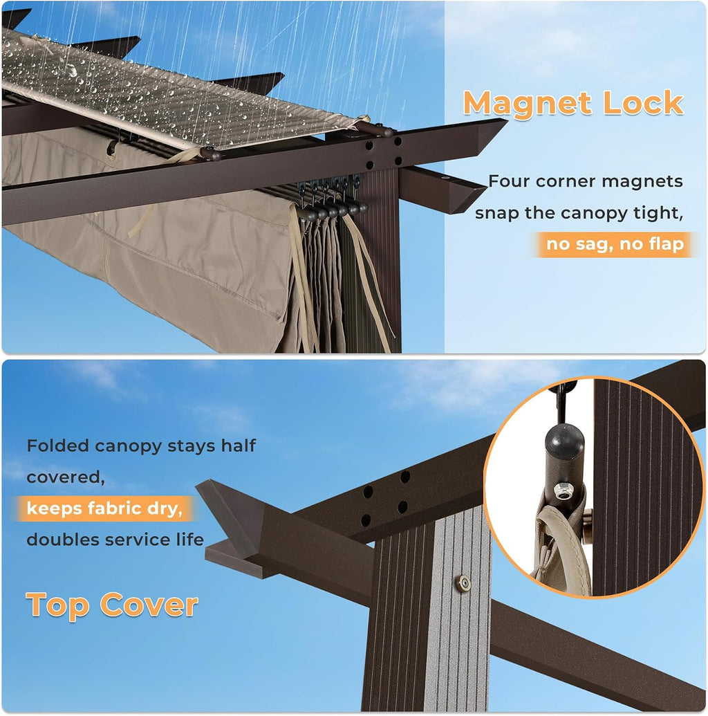 HAPPATIO 10' X 10' Retractable Pergola with Sun Shade Canopy, Patio Aluminum Frame Shelter for Backyards, Gardens, Porch, Includes Ground Studs and Expansion Screws (Brown)