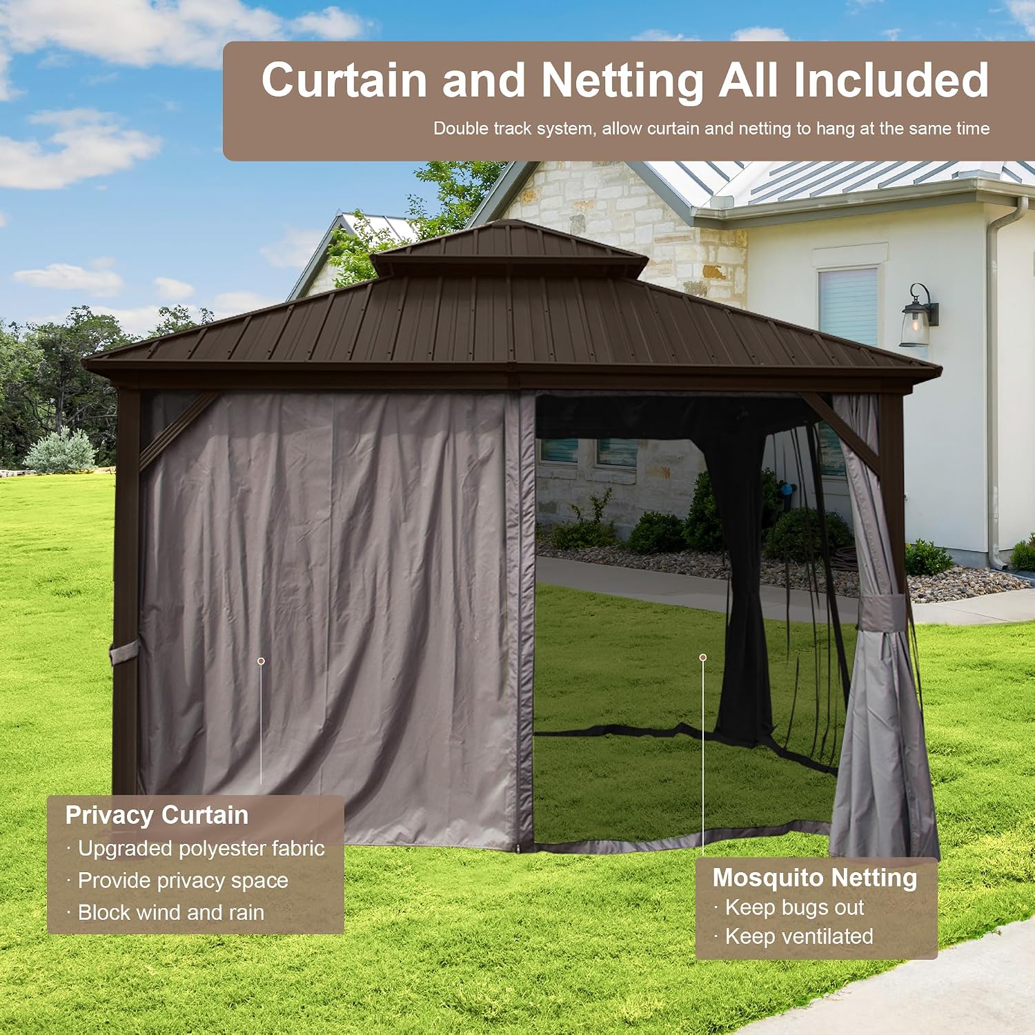 Domi Hardtop Gazebo 10x10FT, Aluminum Outdoor Gazebo with Galvanized Steel Double Roof Canopy, Curtains and Netting Included, Metal Gazebo Permanent Pavilion for Patio, Lawn, Garden, Brown