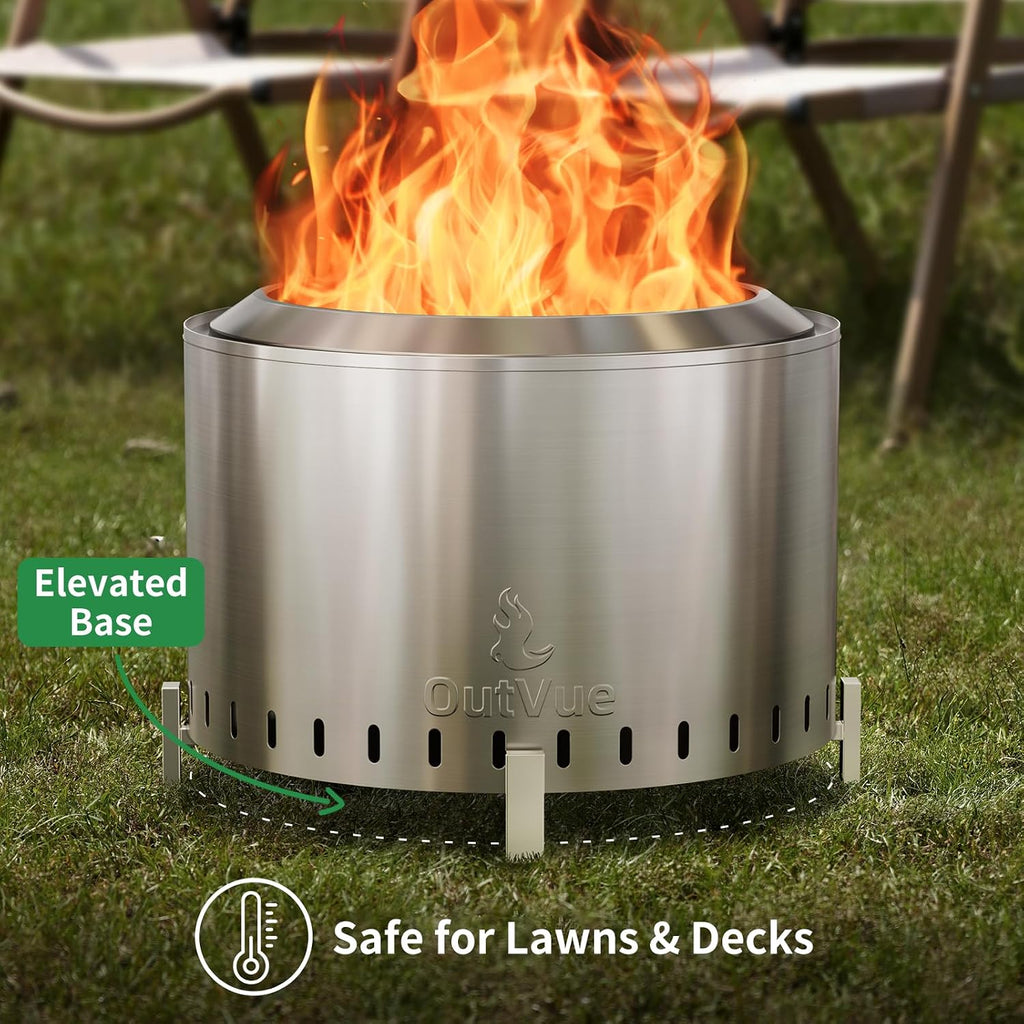 OutVue 22 inch Stainless Steel Smokeless Fire Pit, Outdoor Smokeless Firepit, Wood Burning Fire Pits for Camping, Bonfire, Low Smoke Firepit for Outside (Vertical Hole)