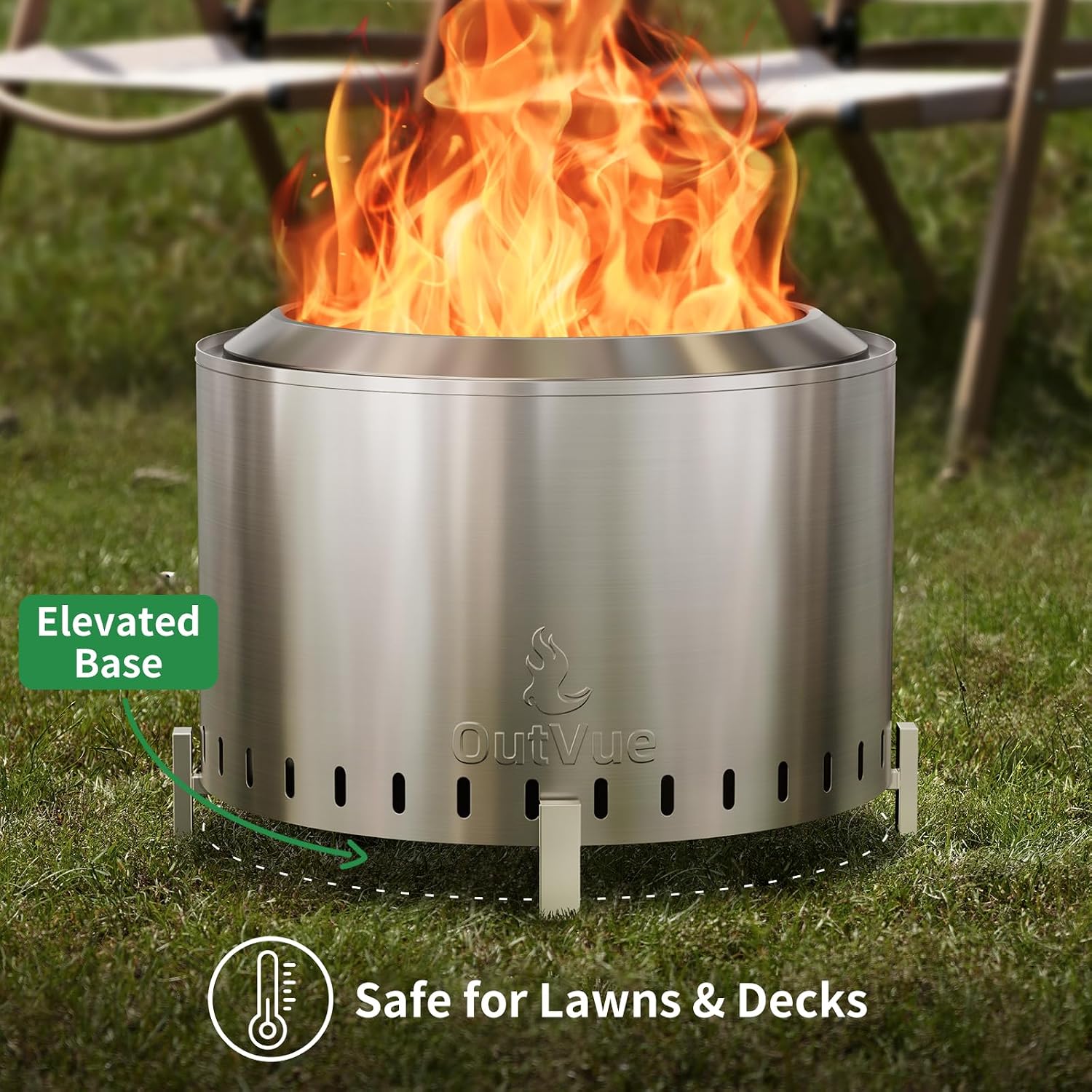 OutVue 22 inch Stainless Steel Smokeless Fire Pit, Outdoor Smokeless Firepit, Wood Burning Fire Pits for Camping, Bonfire, Low Smoke Firepit for Outside (Vertical Hole)