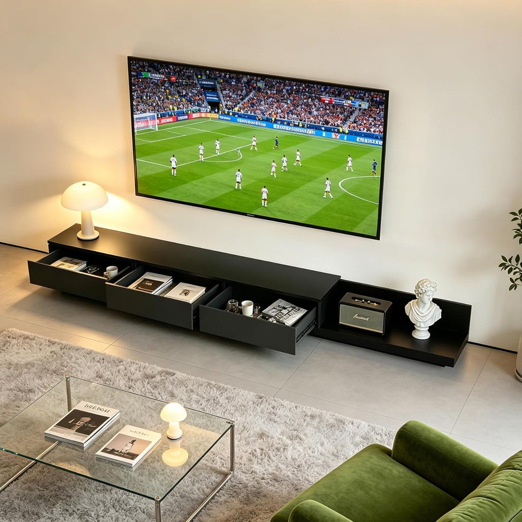 Telescoping TV Cabinet, 70.9 to 110.2 Inch Entertainment Center, Fits 85 Inch TV with 3 Drawer Media Cabinet, Gray + Matte Black, Modern Living Room Bedroom Organizer