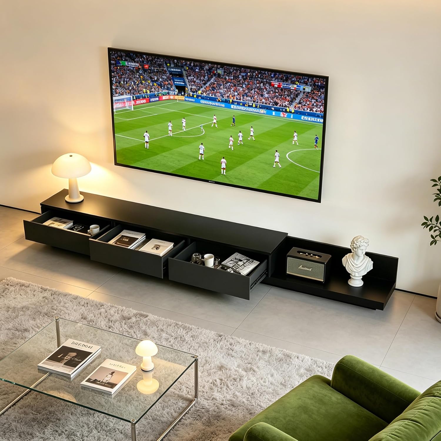 Telescoping TV Cabinet, 70.9 to 110.2 Inch Entertainment Center, Fits 85 Inch TV with 3 Drawer Media Cabinet, Gray + Matte Black, Modern Living Room Bedroom Organizer