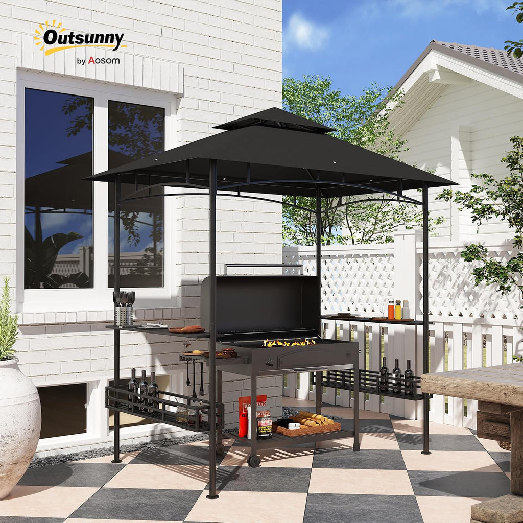 Outsunny 8' x 5' Grill Gazebo, 2-Tier Outdoor BBQ Gazebo with Ceiling Hook, 2 Side Shelves and Storage Baskets for Patio Deck Yard, Dark Gray