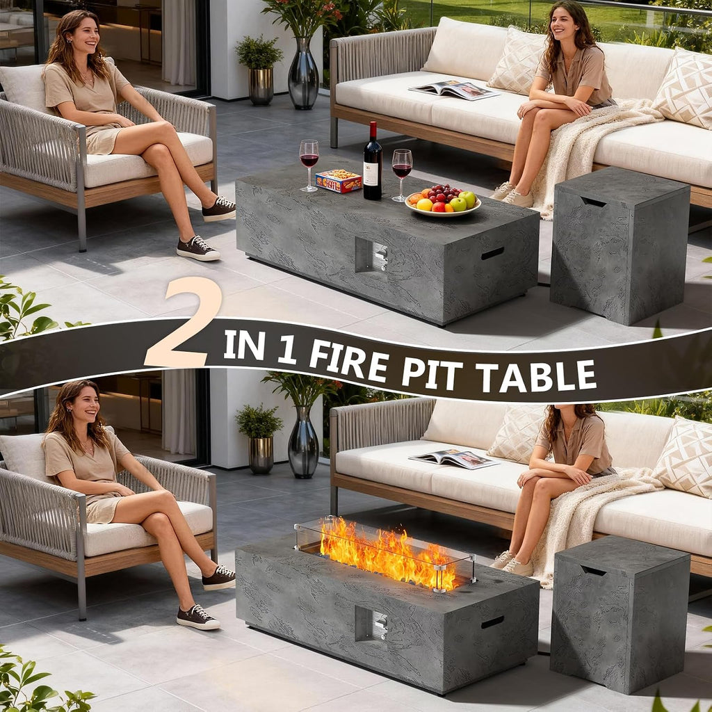 Dineli 2-Piece Outdoor Propane Fire Pit Table Set w Tank Table 42'' Rectangular Firepit with 50,000 BTU Output Gas Fire Pits for Outside Patio Fire Table Tabletop Fire Pits, Gray- Rock Veins