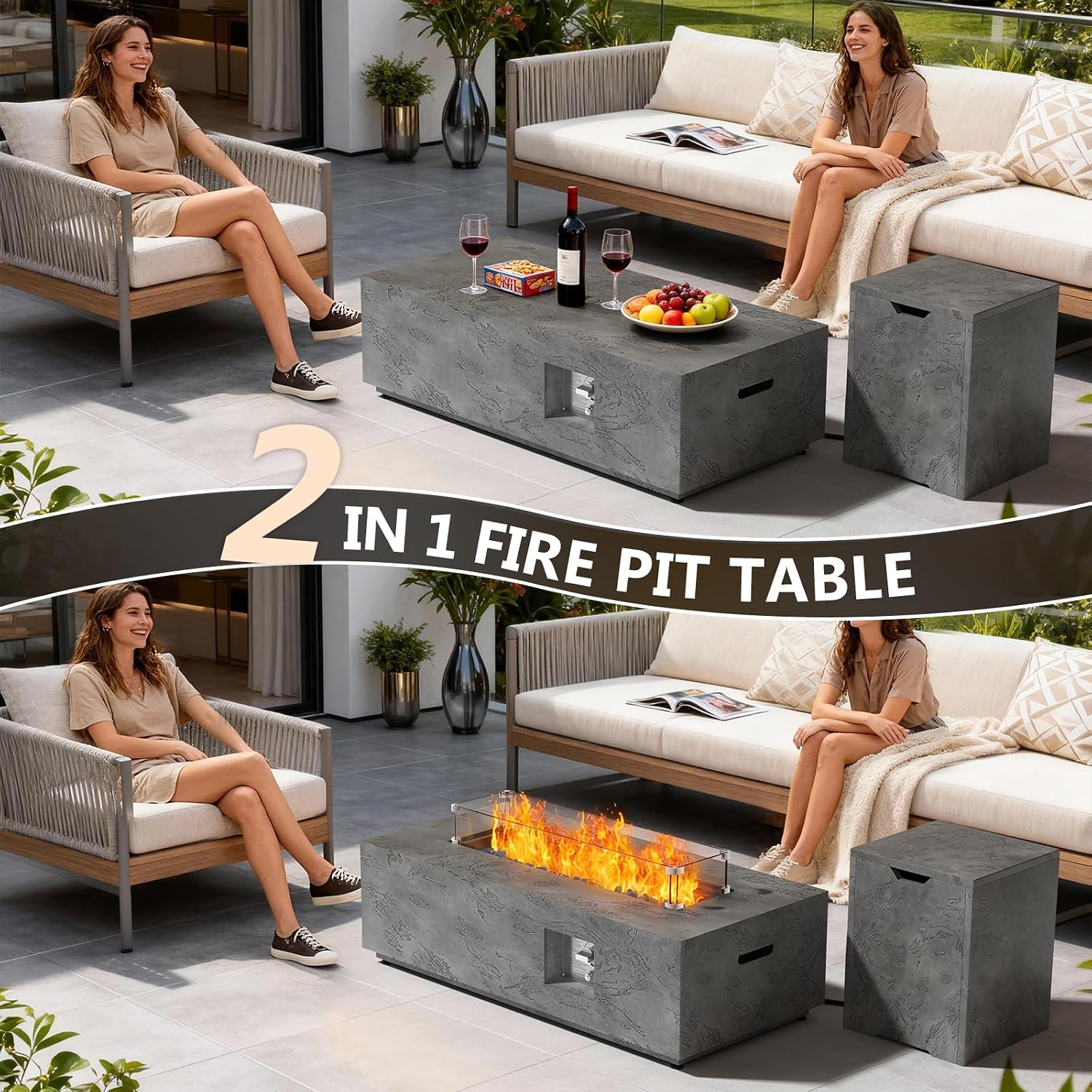 Dineli 2-Piece Outdoor Propane Fire Pit Table Set w Tank Table 42'' Rectangular Firepit with 50,000 BTU Output Gas Fire Pits for Outside Patio Fire Table Tabletop Fire Pits, Gray- Rock Veins