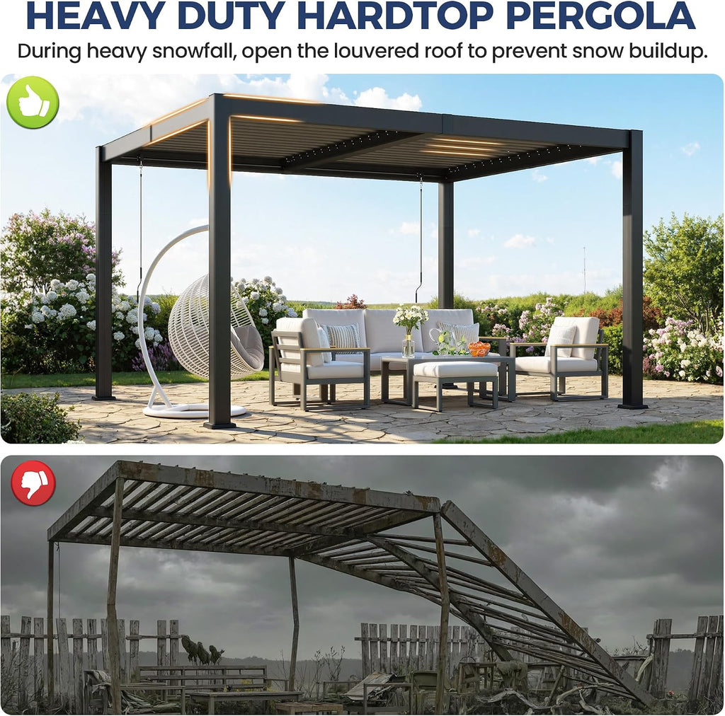 10' x 12' Louvered Pergola, Outdoor Pergola with Metal Adjustable Louvered Roof & Gutter System, Hardtop Patio Gazebo for Backyard, Patio, Garden, Dark Gray
