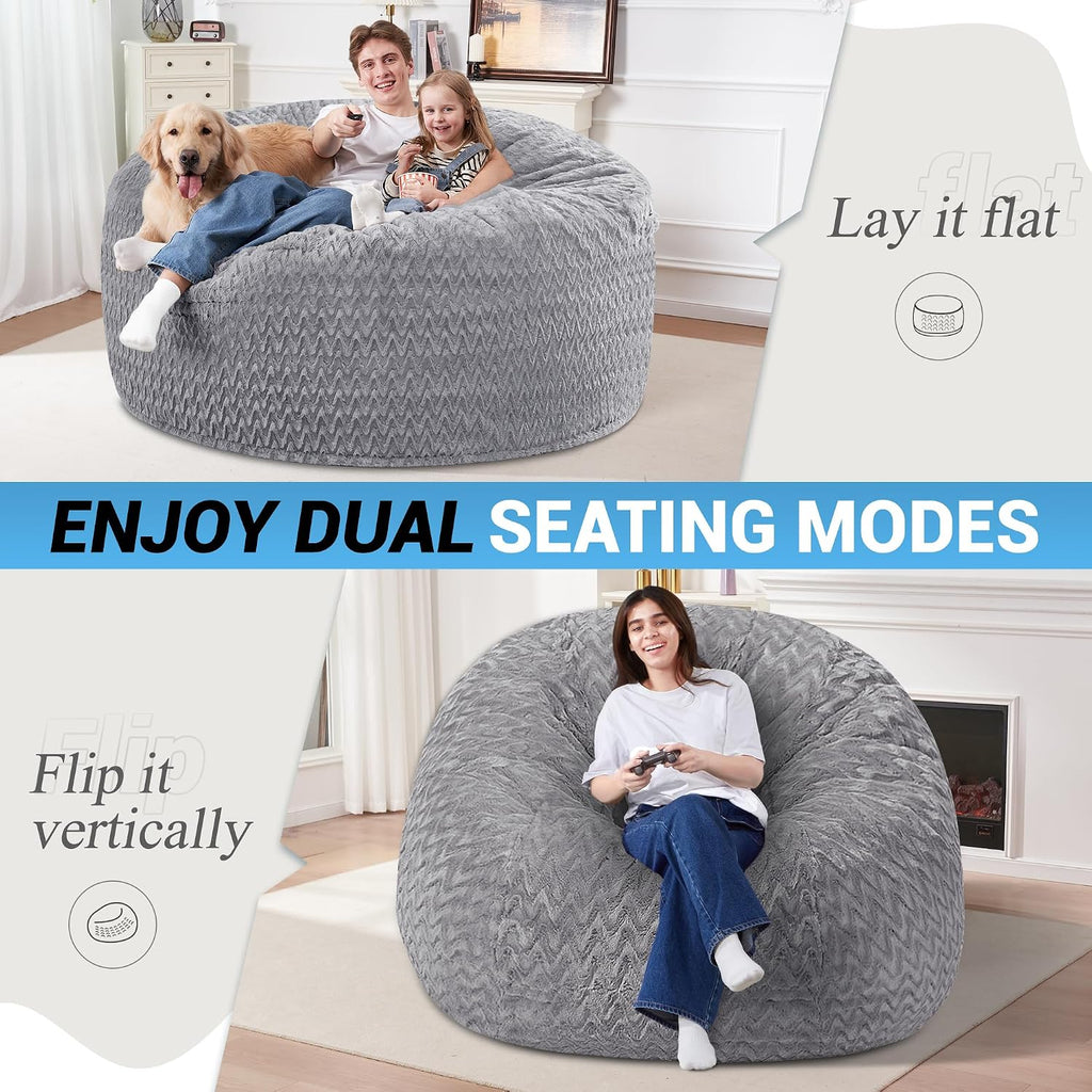 HABUTWAY 5FT Bean Bag Chair,Giant Bean Bag Chairs for Adults,Big Bean Bags with Memory Foam Filled, Large Beanbag Chairs with Chevron Plush Cover-Grey