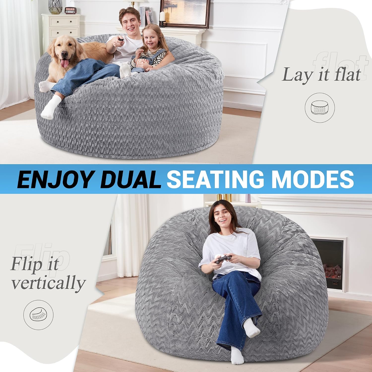 HABUTWAY 5FT Bean Bag Chair,Giant Bean Bag Chairs for Adults,Big Bean Bags with Memory Foam Filled, Large Beanbag Chairs with Chevron Plush Cover-Grey
