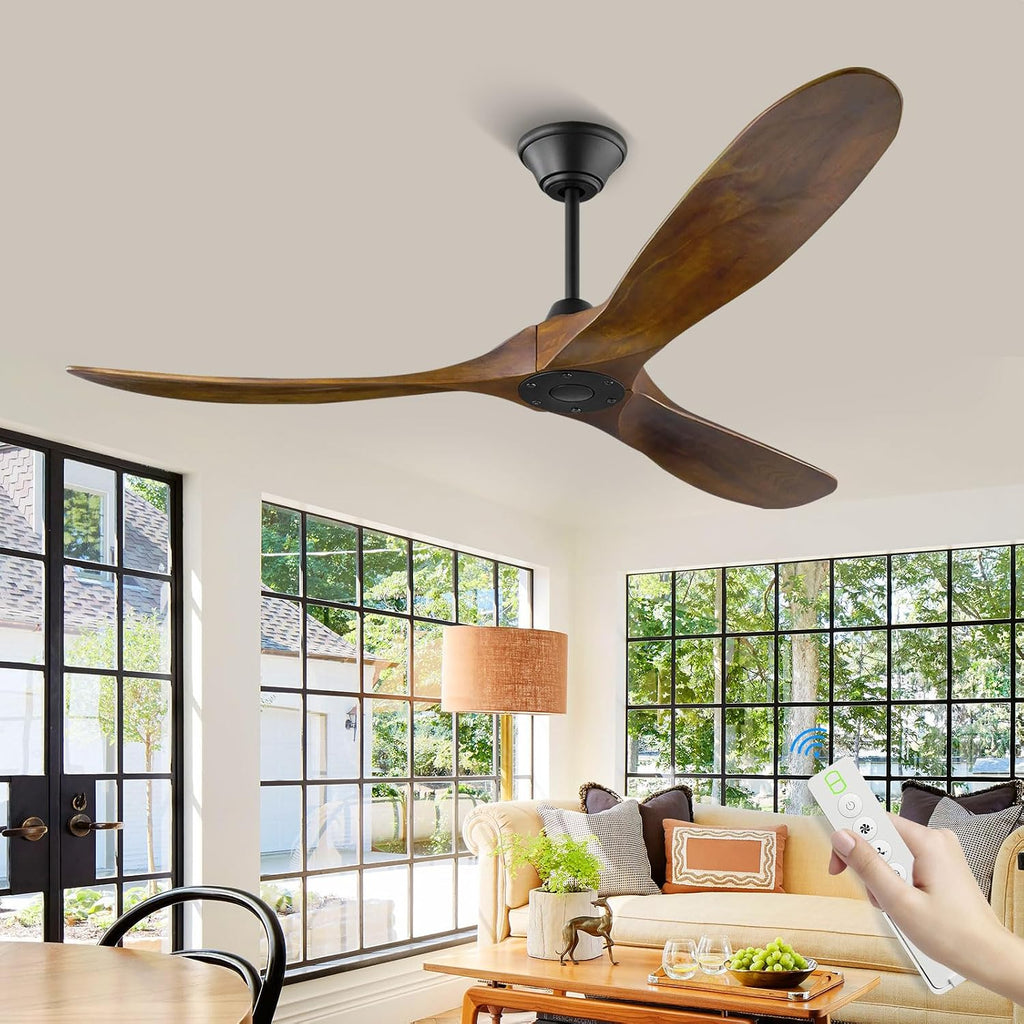 Wood Ceiling Fan without Light, 60 Inch Indoor Outdoor Ceiling Fan with Remote no Light, 3 Blade Large Airflow Propeller Fan for Farmhouse Patios Gazebo, Reversible DC Motor, 3 Downrods