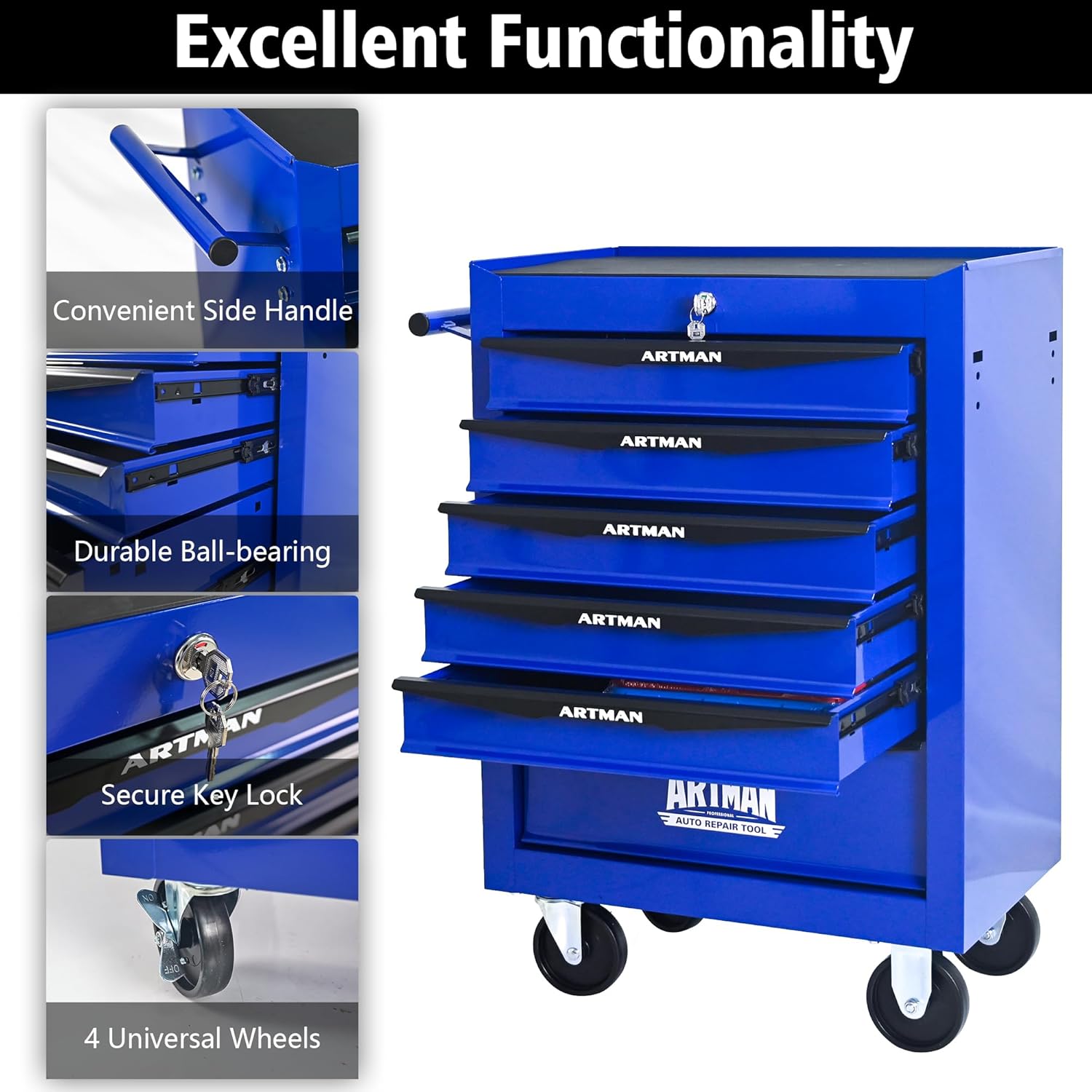 Rolling Tool Box with Wheels, Mechanics Tool Chest with 6 Drawers, Tool Box Organizer with 7 Tool Storage Boxes, Lockable Tool Storage Cabinet for Home Garage Workshop Warehouse Repair Shop, Blue