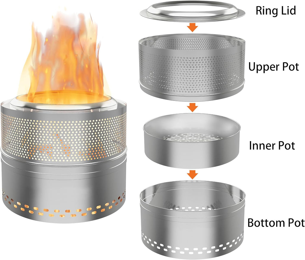 Smokeless Fire Pits for Outside, 20''Portable FirePits for Camping, Outdoor Stainless Steel FirePit with Carry Bag, Wood Burning Stove，Sliver