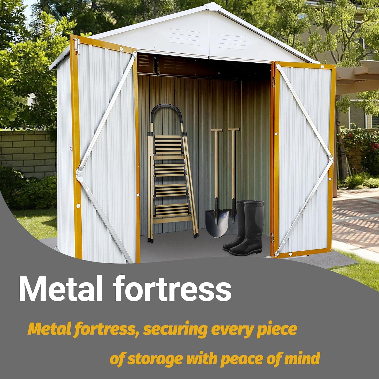 Shed with Windows,Large Metal Outdoor Storage Shed, Lockable Tool Storage shed, Steel Garden shed, Suitable for Backyard, Terrace, and Poolside (Roof White+Yellow, 6FTx4FT)