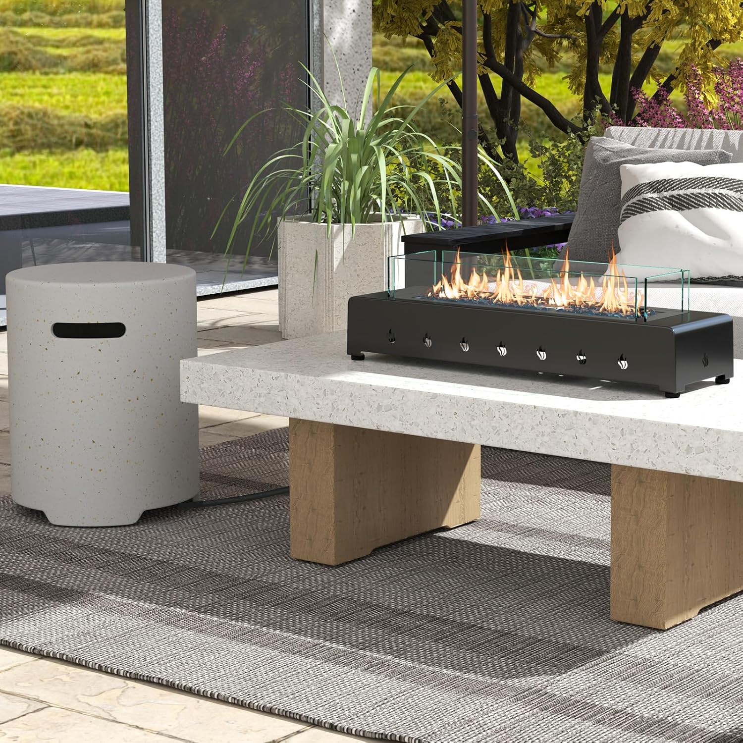 Happygrill 30 Inch Tabletop Propane Fire Pit, 40,000 BTU Table Top Firepit Fire Bowl with Wind Guard, Glass Rocks, Stainless Steel Burner & Cover, Outdoor Portable Fireplace for Patio, Camping