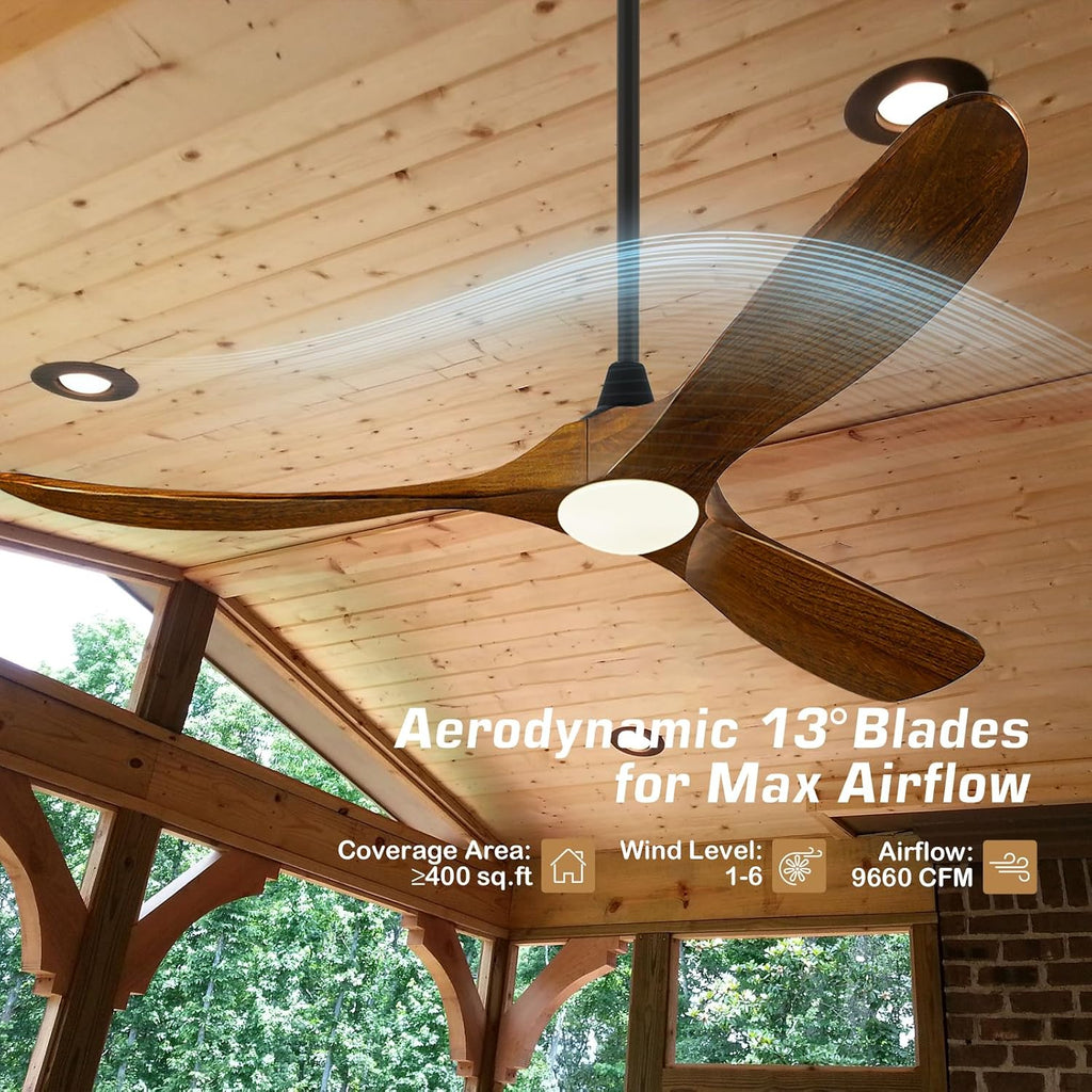 60 Inch Indoor Outdoor Ceiling Fan with Light and Remote, Modern Farmhouse for Patio, Gazebo, Living Room - High CFM Quiet Reversible DC Motor, 3 Wood Blades Dimmable with 3 Downrods