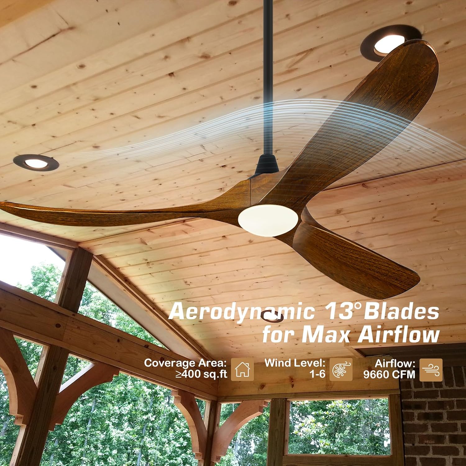 60 Inch Indoor Outdoor Ceiling Fan with Light and Remote, Modern Farmhouse for Patio, Gazebo, Living Room - High CFM Quiet Reversible DC Motor, 3 Wood Blades Dimmable with 3 Downrods