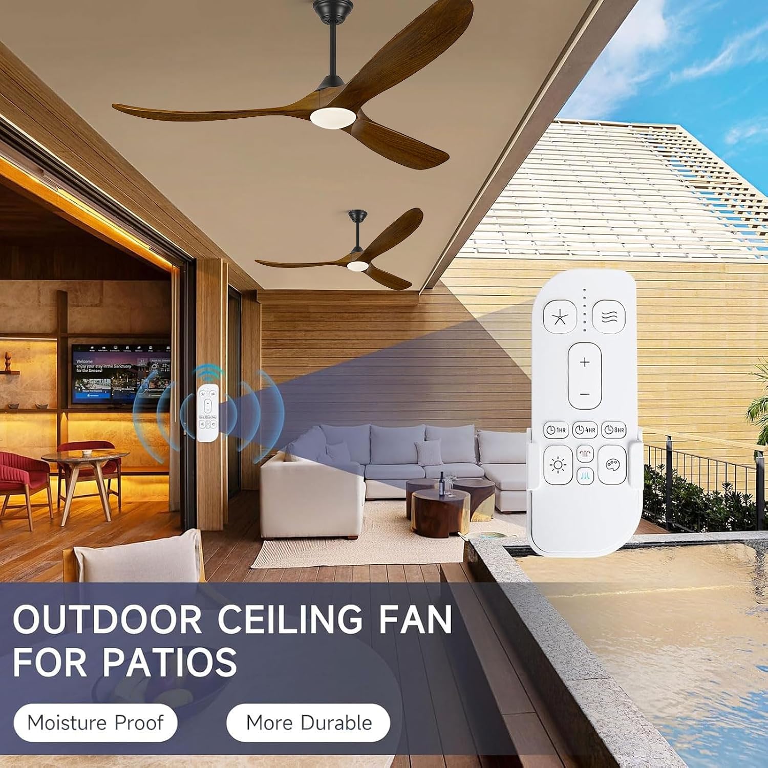 60 Inch Ceiling Fan with Light and Remote, Indoor Outdoor for Patio Gazebo Living Room - Rustic Farmhouse Style, Quiet 6-Speed Reversible DC Motor High CFM, 3 Wood Blades Dimmable with 3 Downrods