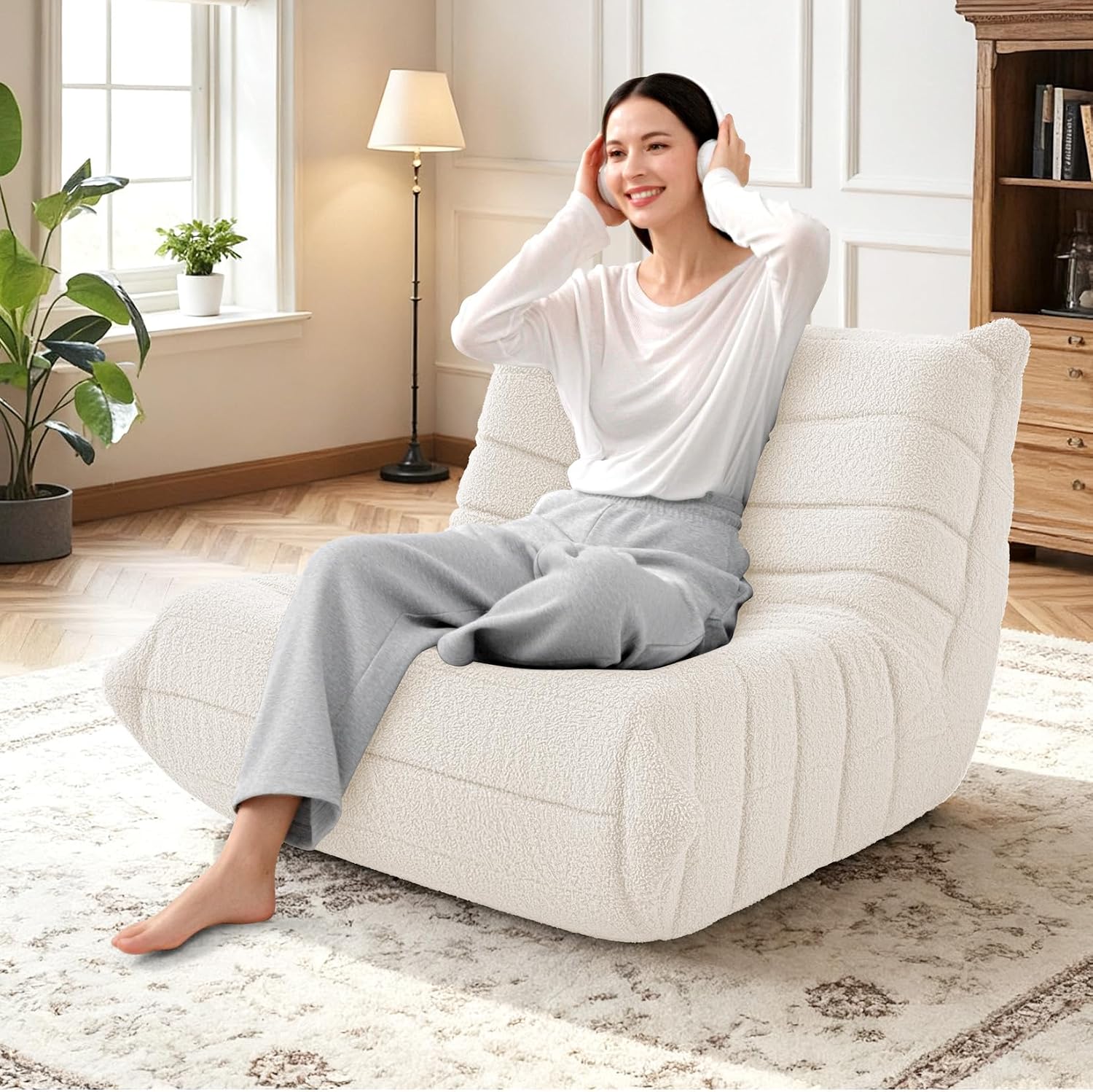 HABUTWAY Bean Bag Chairs Fireside Lazy Floor Sofa, Soft Teddy Fleece Bean Bag Sofa with High-Resilience Foam Filling，Beanbag for Living Room, Bedroom, Office (Beige Teddy)