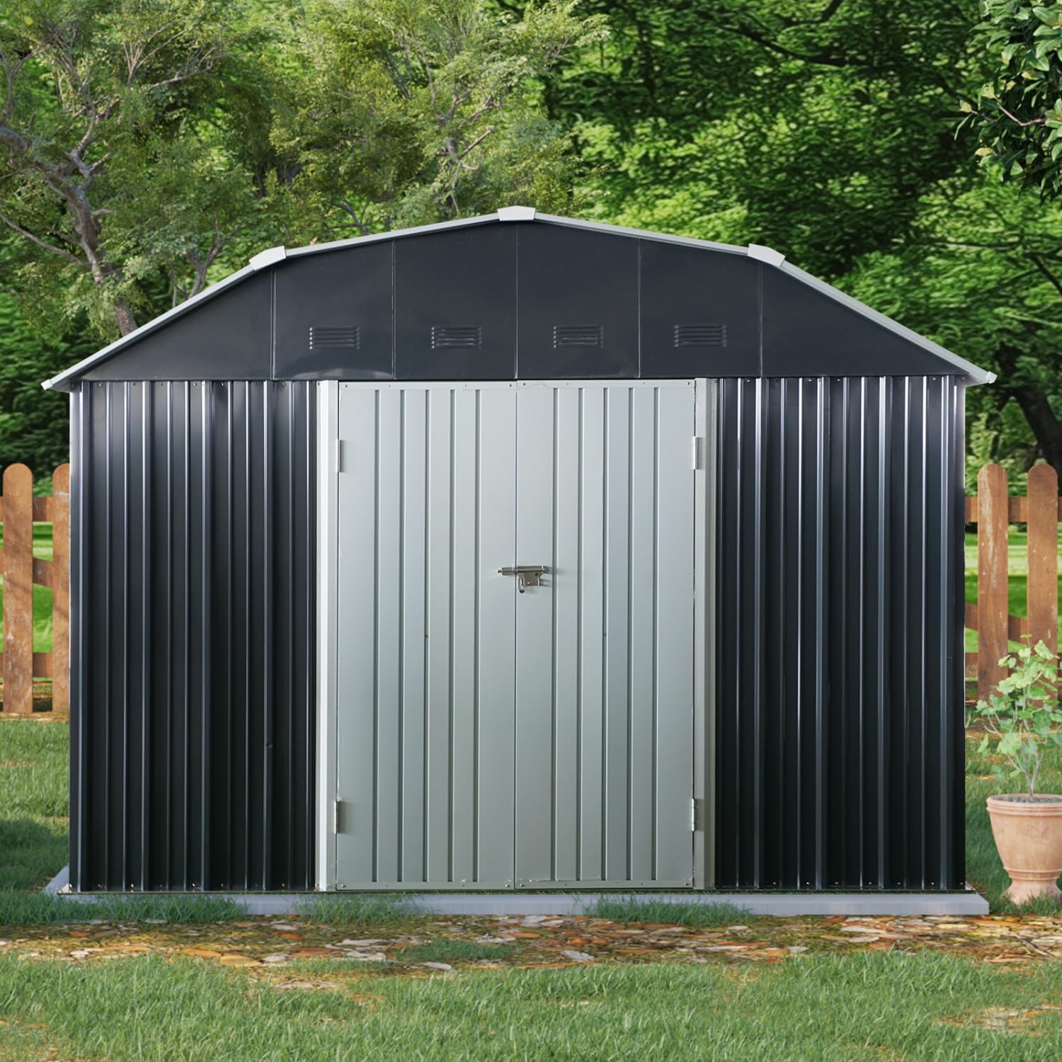 10 ft x 12 Outdoor Metal Storage Shed with Arch Roof Lockable Doors for Backyard Garden Patio Lawn, Black Iron Strong and Steel Design Lawn