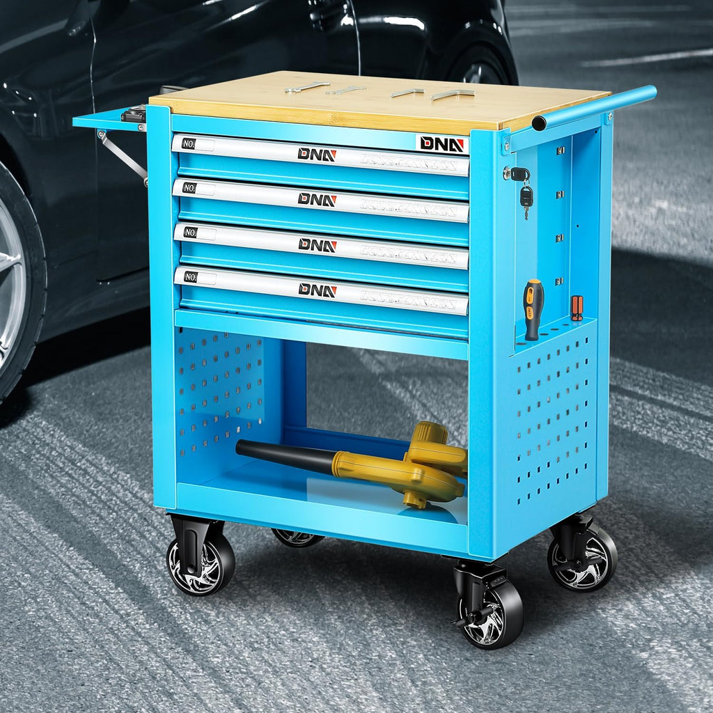 DNA Motoring 4-Drawer Rolling Tools Chest, Rolling Tool Storage Cabinet, Heavy Duty Mechanic Tool Cart, Trolley Organizer for Garage, Warehouse, Workshop, Blue, TOOLS-00484