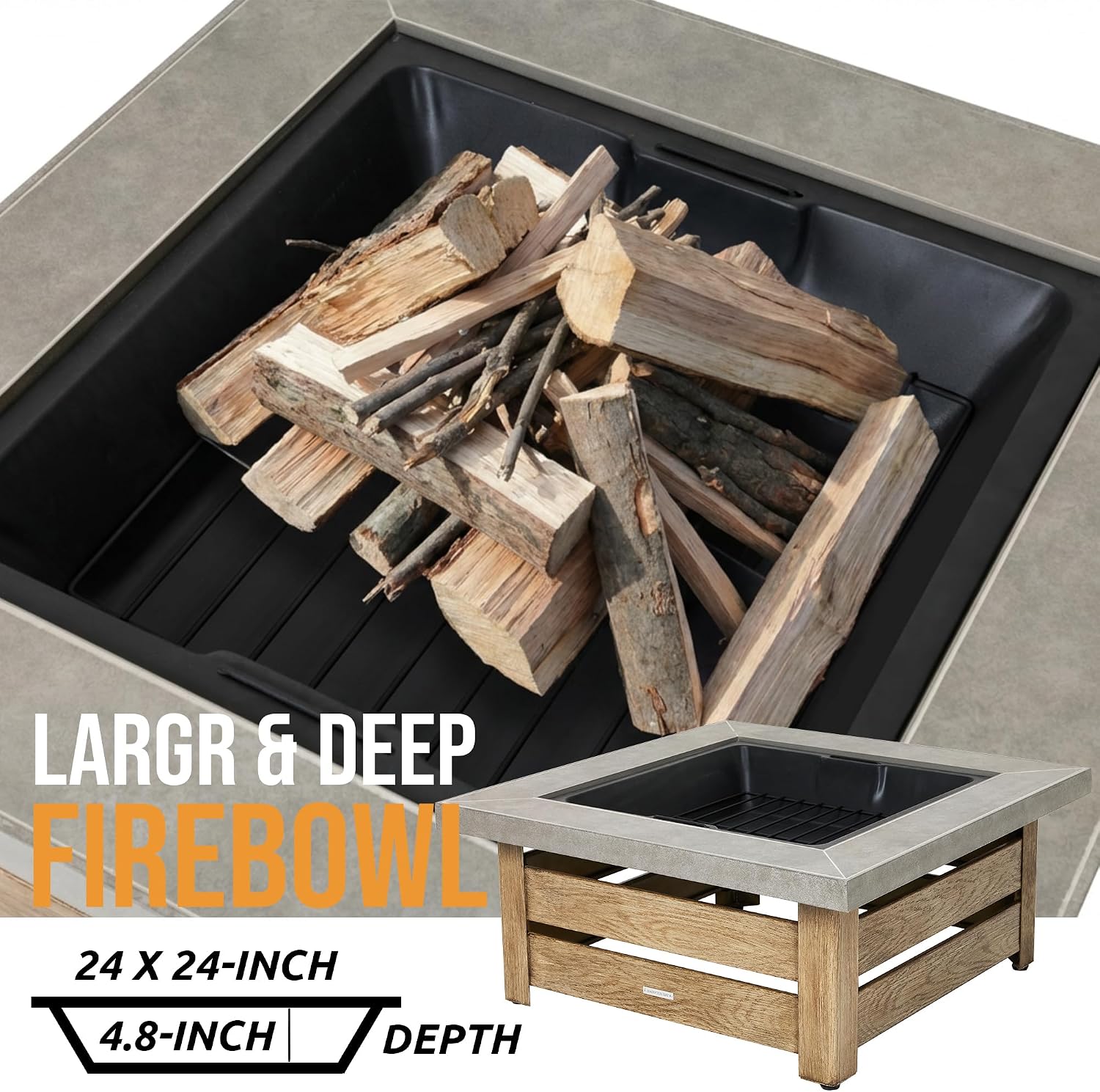 WILDMOS Firepits for Outside，Wood Burning Fire Pit with Wood-Grain Side Panels,Firepit for Outside with Mesh Cover & Fire Poker,Square Modern Outdoor Fireplace Fire Table. (Countryside)