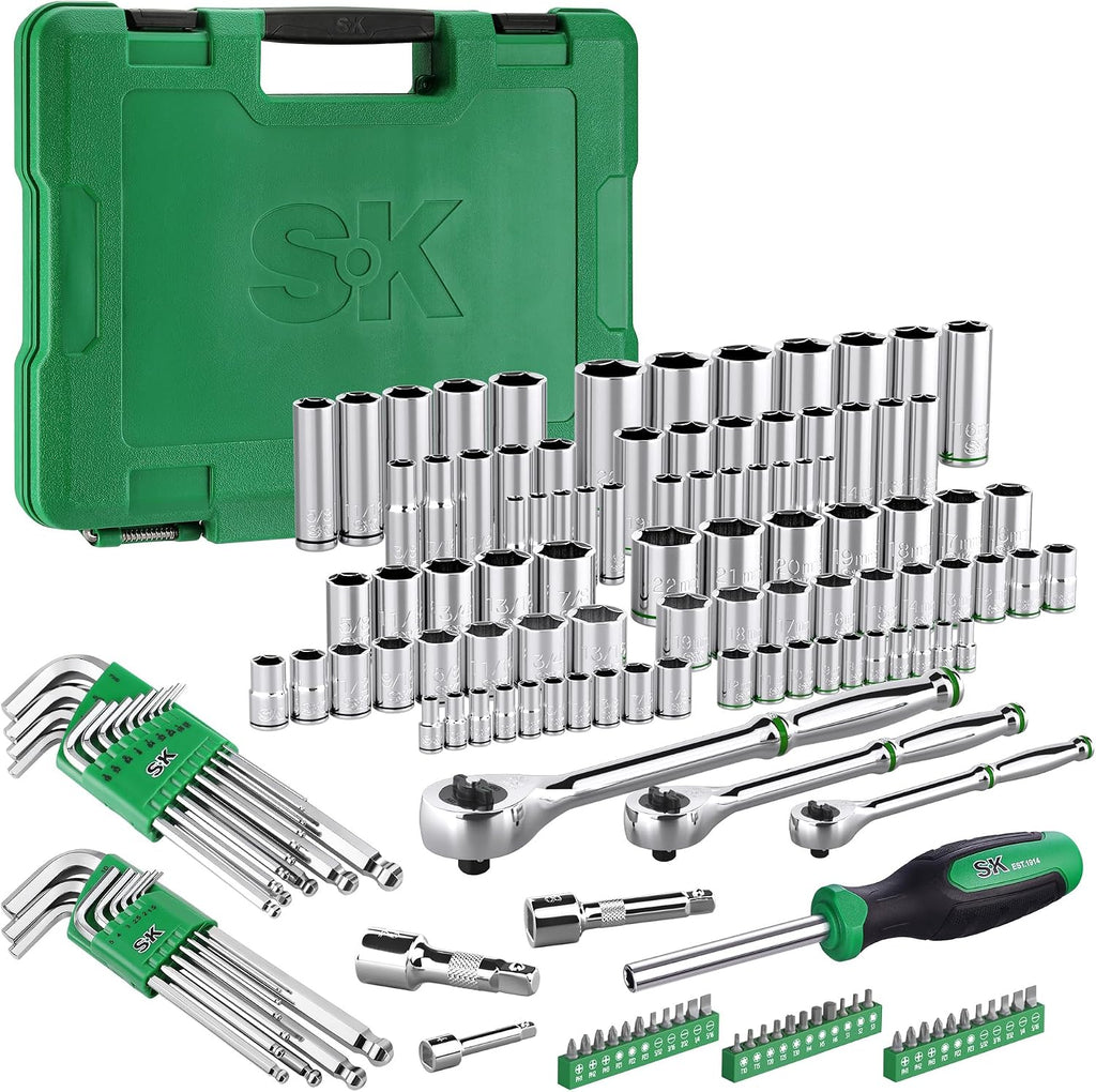 SK Mechanics Tool Set, 1/4' & 3/8' & 1/2' Drive Socket with 216-P Ratchet, 149-Piece, SAE & Metric, SuperKrome Finish, with Storage Suitcase