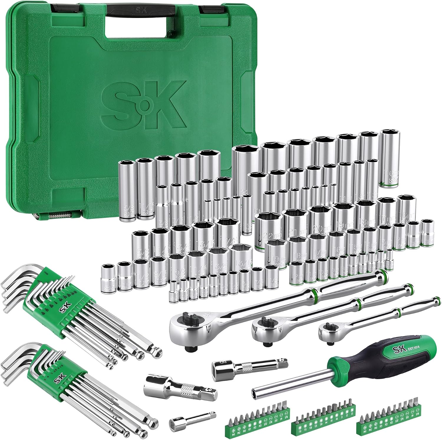SK Mechanics Tool Set, 1/4' & 3/8' & 1/2' Drive Socket with 216-P Ratchet, 149-Piece, SAE & Metric, SuperKrome Finish, with Storage Suitcase