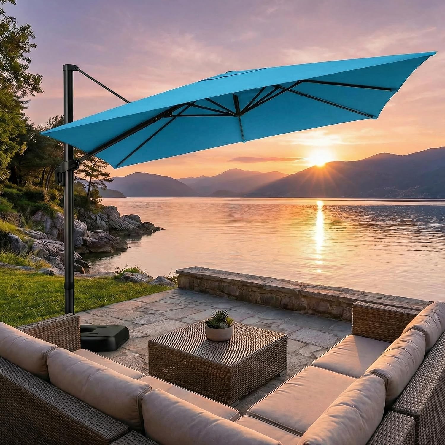 Hoteel 10ft Patio Umbrella Heavy Duty Aluminum Windproof & Shade Provision Outdoor Cantilever Square Offset Large Umbrella Height Adjustable with 360°Rotation for Patio Pool Deck Gazebo, Light Blue