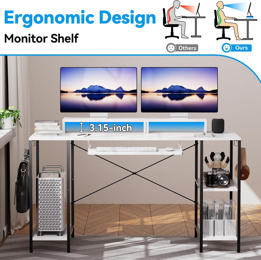HYPIGO Computer Desk with Keyboard Tray, 55 Inch Music Studio Desk Music Production Desk with Storage Shelves Monitor Stands and 4 Iron Hooks, Workstation Gaming Table for Home Office