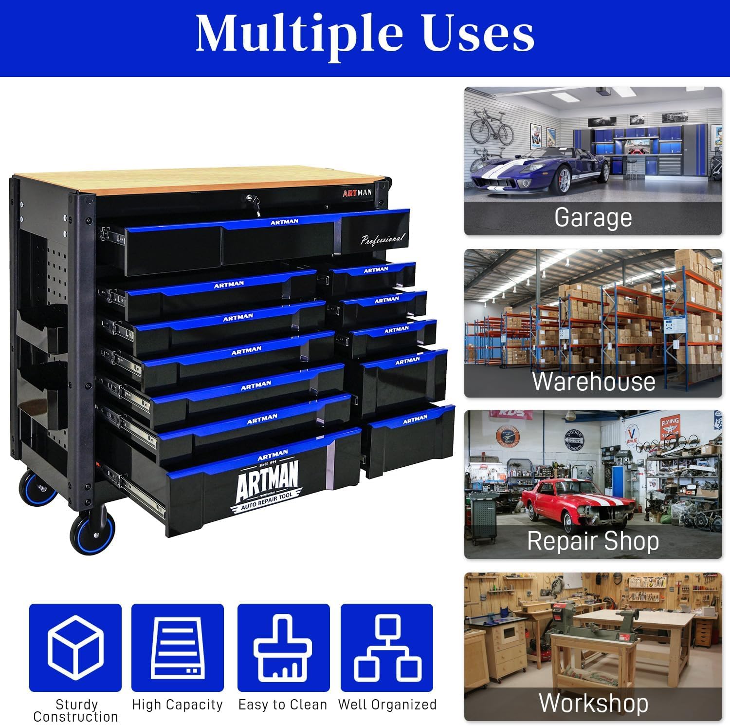 Heavy Duty Rolling Tool Chest with 12-Drawer Tool Cart Mechanic Tool Box with Wheels Tool Storage Cabinet Mobile Workbench Tool Bench for Garage, Workshop, Warehouse, Repair Shop, Wood Top