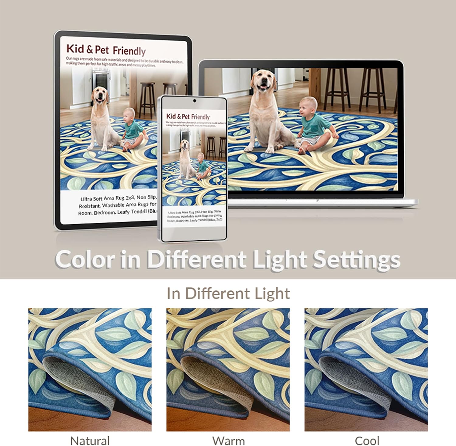 Design&I Low Pile Flatwoven Area Rug 4x6, Tropical Fish Coral Reef Marine Life Seascape, Machine Washable, Stain Resistant Indoor Rug for Living Room, Bedroom, Non Slip(Blue, 4x6, Pad)