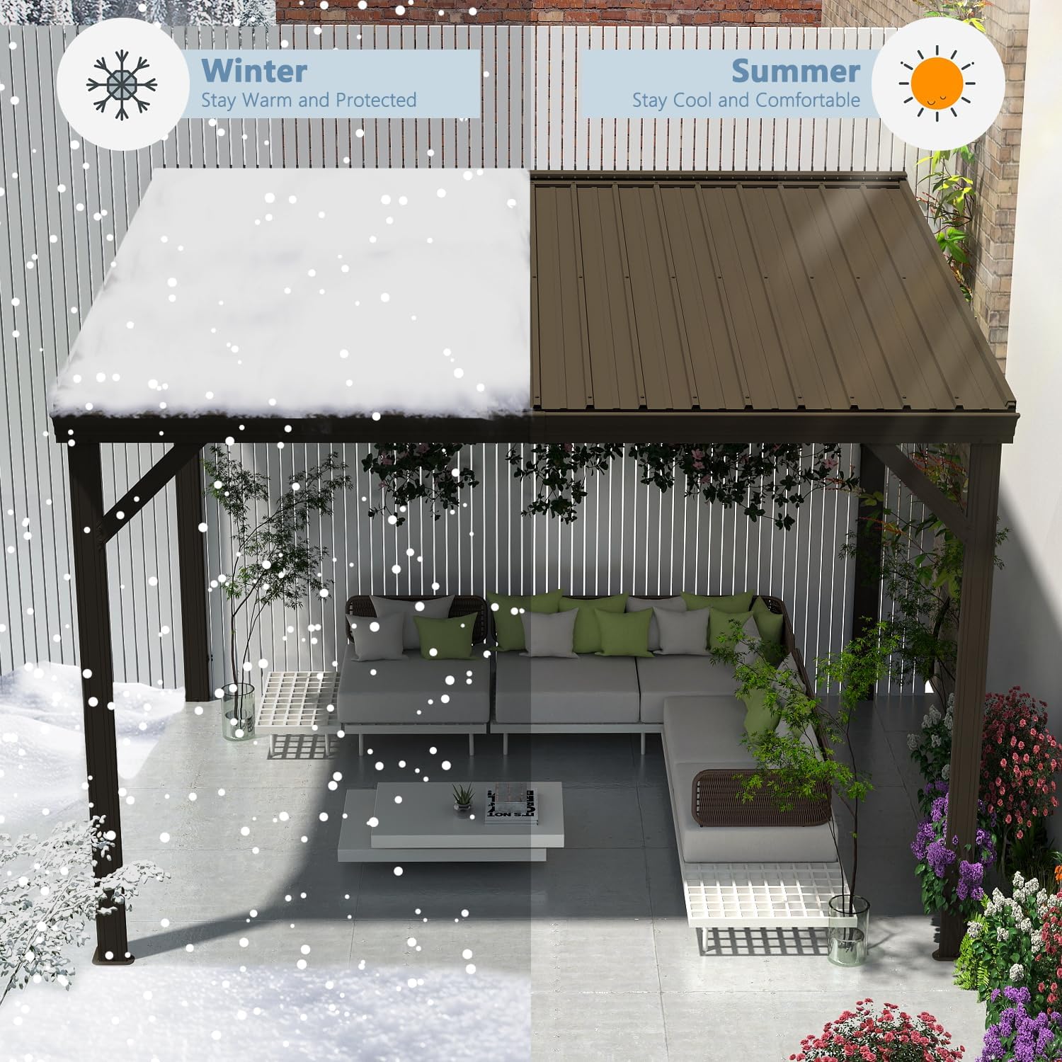 Domi 8'x10' Wall-Mounted Hardtop Gazebo Pergola – Permanent Lean-to Outdoor Shelter with Sloped Galvanized Steel Roof & Upgraded Drainage – Grey Metal Patio Cover for Backyard, Deck, Garden,Brown