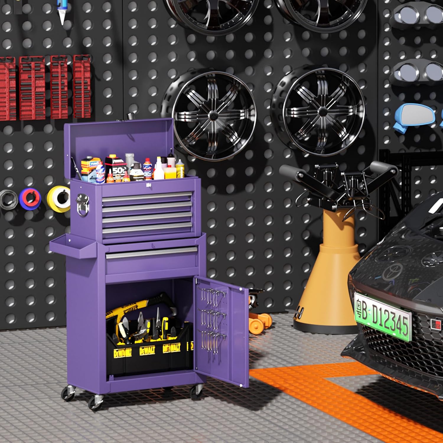5-Drawer Rolling Tool Chest - Heavy-Duty Steel Tool Cabinet with Detachable Top Box, Locking Wheels & Security System for Garage/Workshop, 2-in-1 Design (Purple)