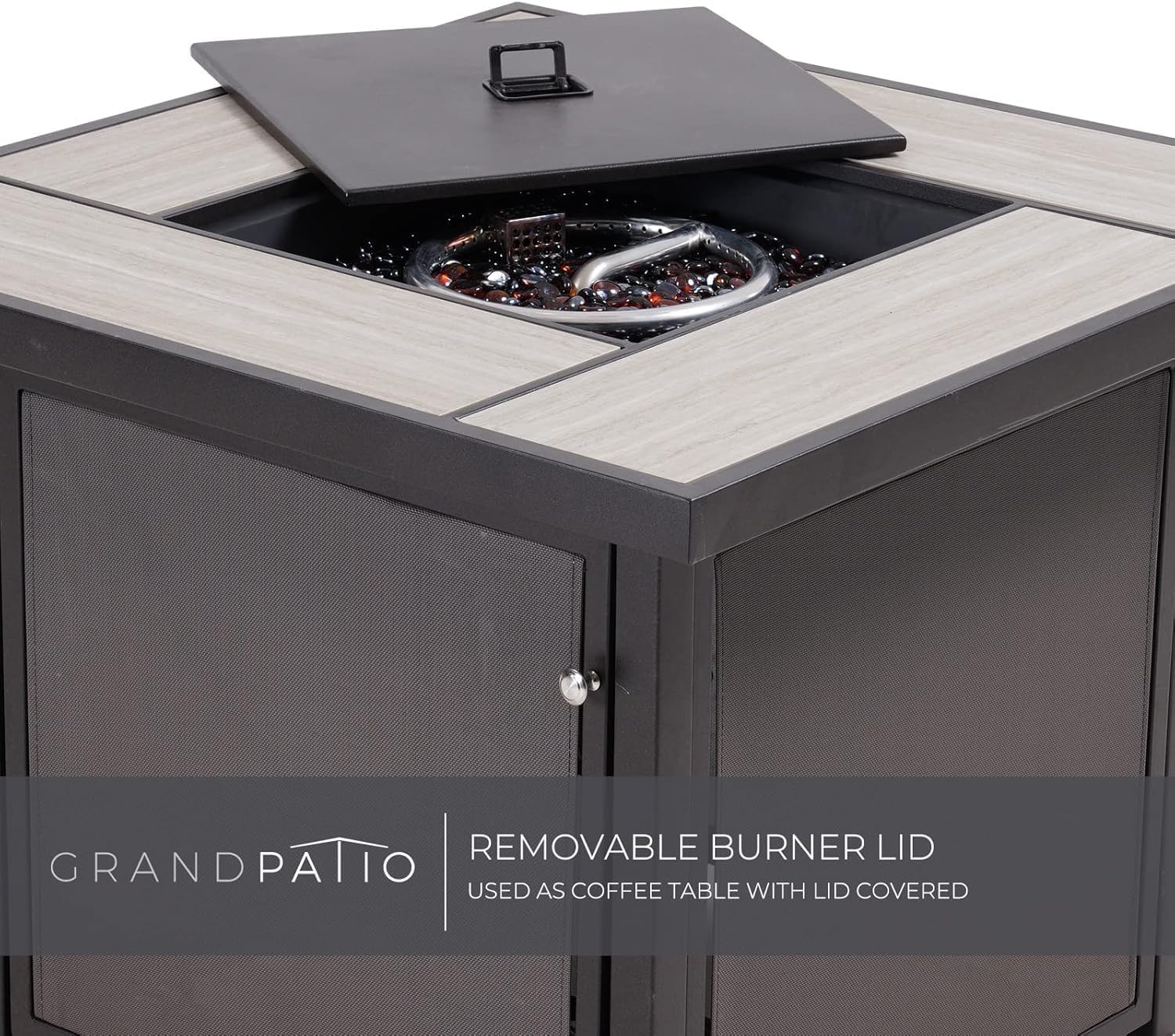 Grand Patio Outdoor Gas Fire Pit Table 32-Inch Square Propane Gas Fire Pit with CSA Safety Approval 50000 BTU Heat Sling Base Ceramic Tile Top and Lava Rock for Garden, Backyard, and Deck Parties