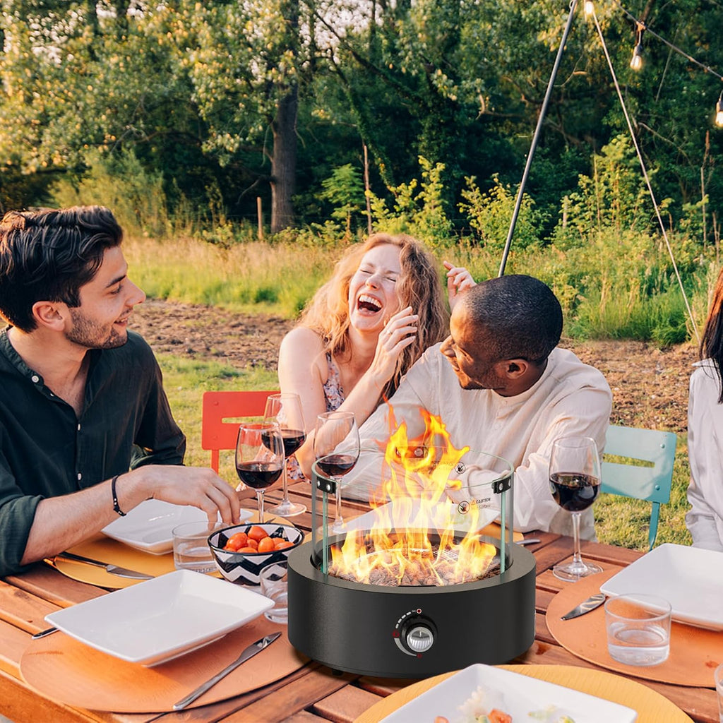 Portable Propane Gas Fire Pit Bottom-Mounted for Table with Umbrella Hole, Tabletop Smokeless Firepit with Wind Guard for Patio Camping RV Tailgating, 23000BTU, Round FP039