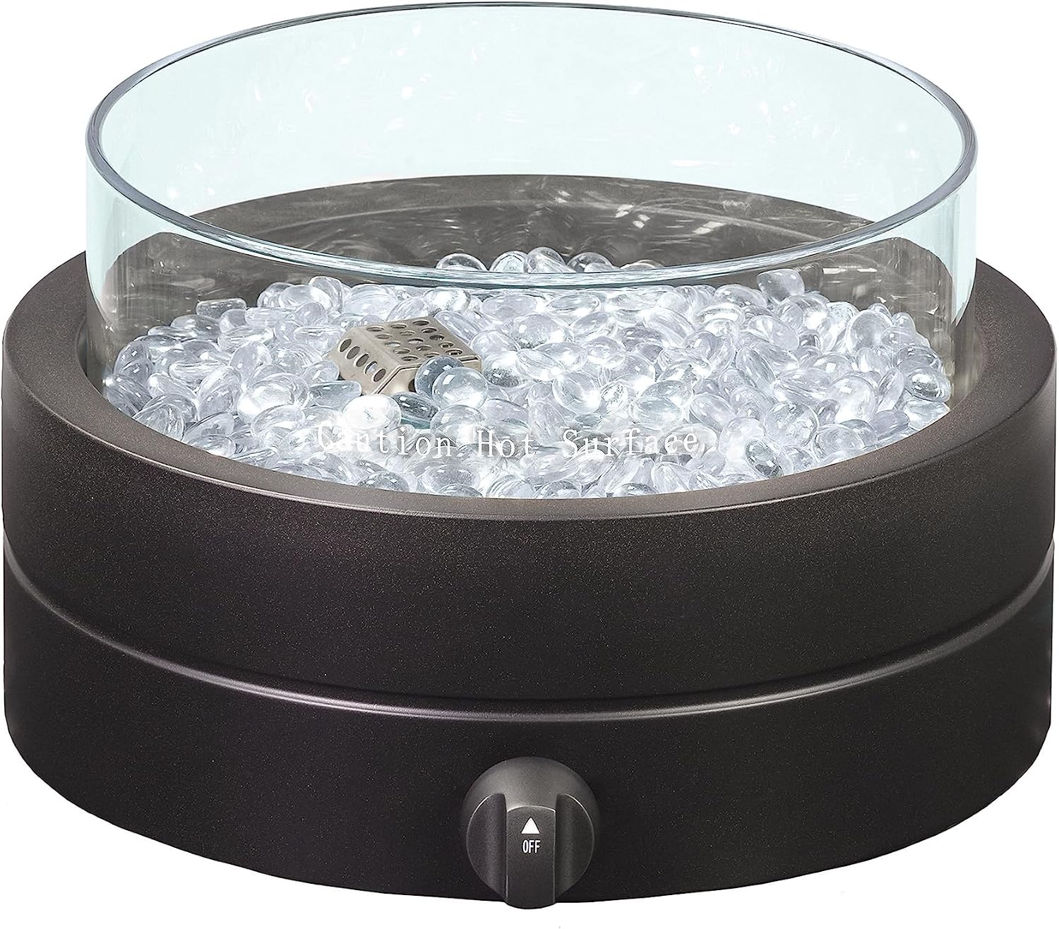 Amazon Basics 14-Inch Round Propane Fire Pit, 9000 BTU Portable Tabletop Fireplace with Glass Stones, Umbrella Hole Compatible for Outdoor Patio Tables, Gas Fire Pit for Dining, Brown
