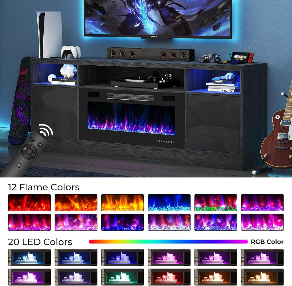 70' Fireplace TV Stand for TVs Up to 80', LED Light Media Console with 36' Electric Heater, Storage Cabinet, Black Entertainment Center for Living Room