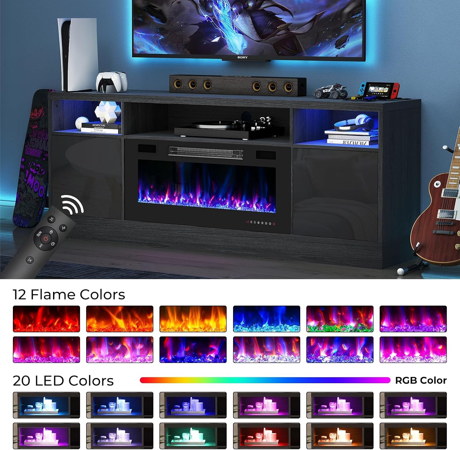 70' Fireplace TV Stand for TVs Up to 80', LED Light Media Console with 36' Electric Heater, Storage Cabinet, Black Entertainment Center for Living Room
