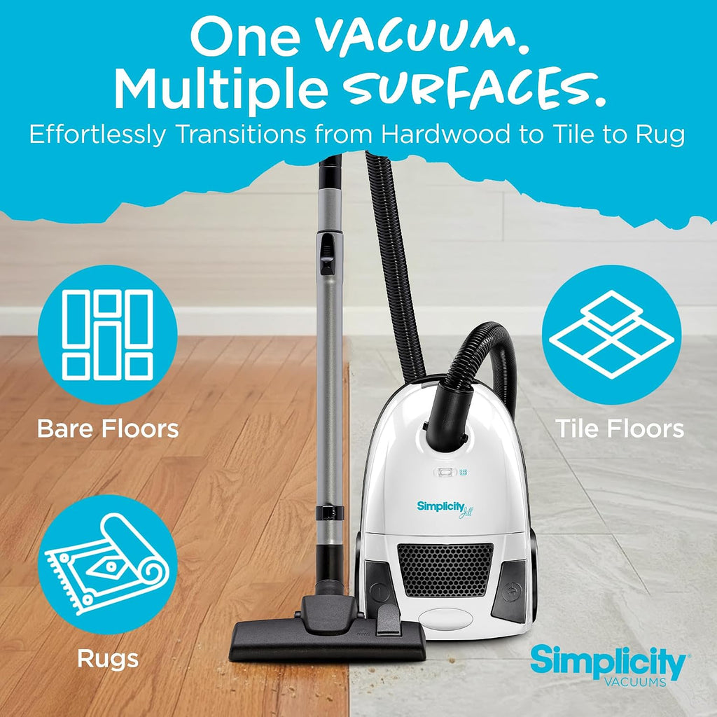 Simplicity Vacuums Jill Lightweight Bagged Canister Vacuum Cleaner – Bagged Vacuum Cleaner with Certified HEPA Filter, Adjustable Suction, Suitable for Floor and Rug Cleaning