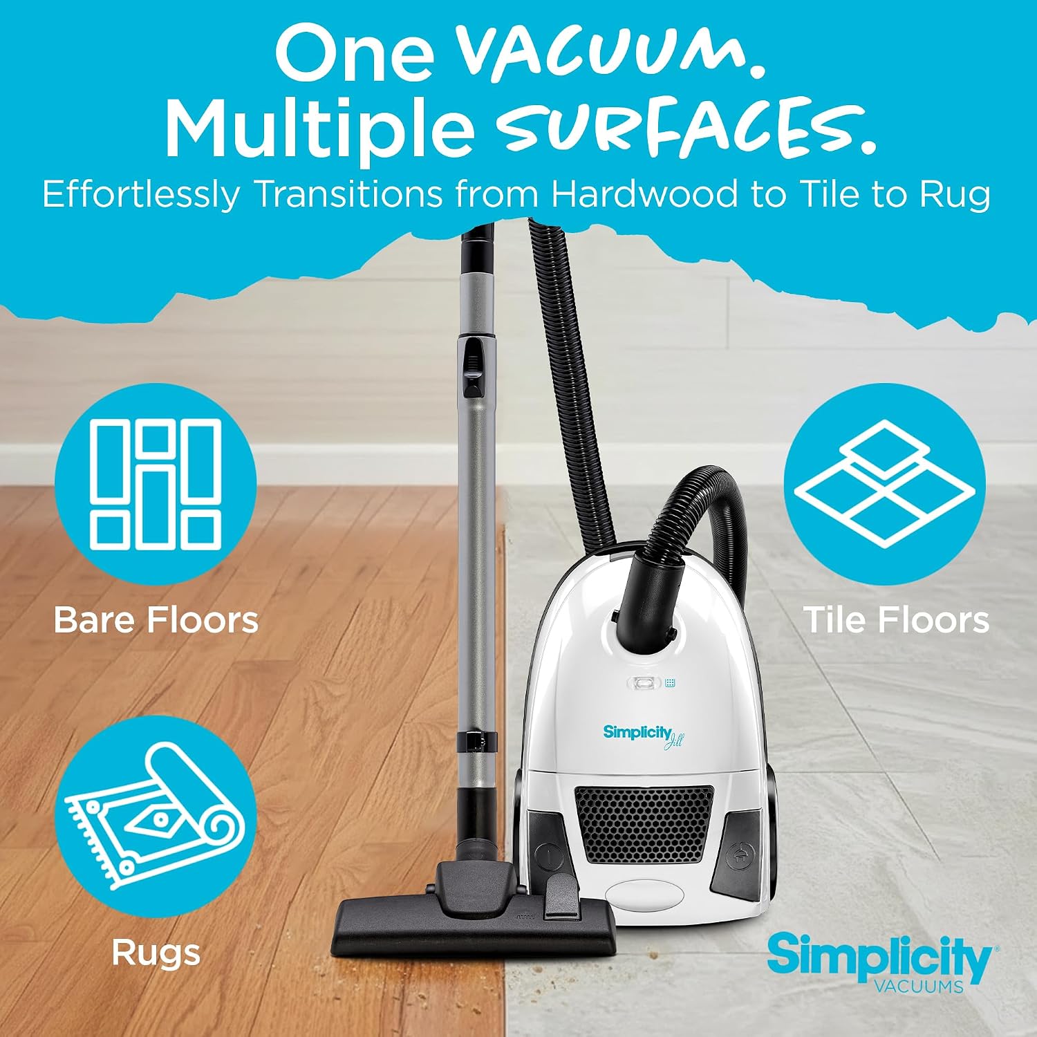 Simplicity Vacuums Jill Lightweight Bagged Canister Vacuum Cleaner – Bagged Vacuum Cleaner with Certified HEPA Filter, Adjustable Suction, Suitable for Floor and Rug Cleaning