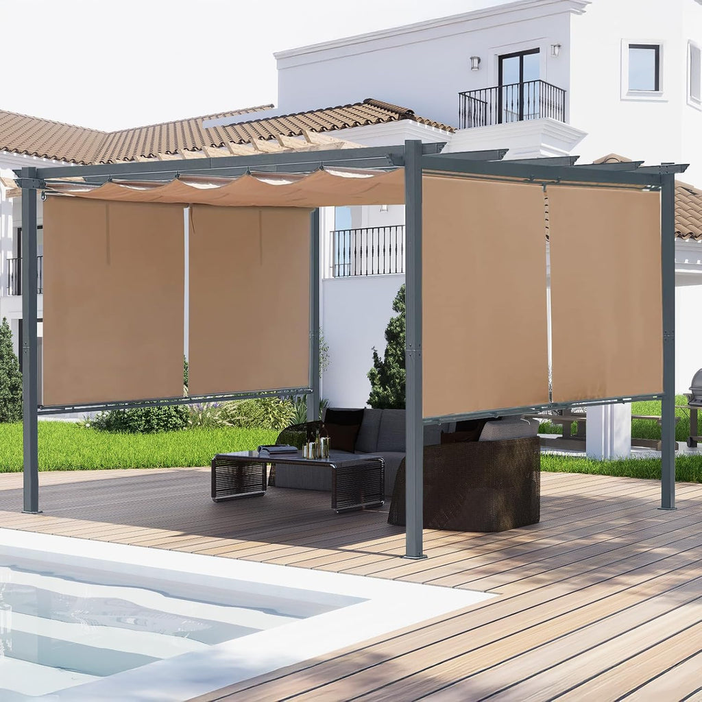 Aoodor 10 x 12 ft Outdoor Pergola with Retractable Shade Canopy, Matte Aluminum Frame, 4 Roller Shade Curtains, Grape Trellis for Patio, Backyard, Garden, and Deck, Brown